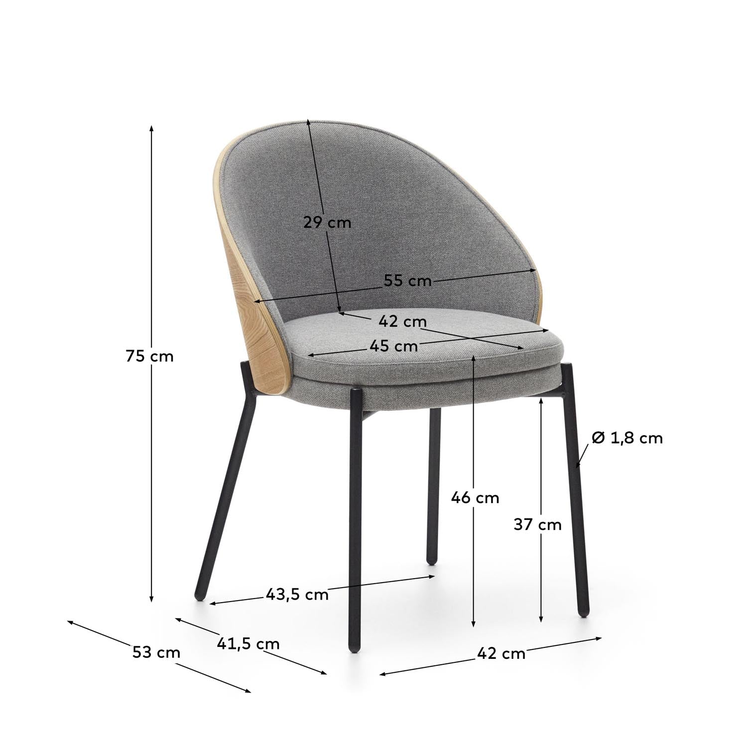 Moderner Eamy Stuhl in hellgrauer Chenille mit natürlichem Eschenfurnier und schwarzem Metall. Ideal für stilvolle Esszimmer.