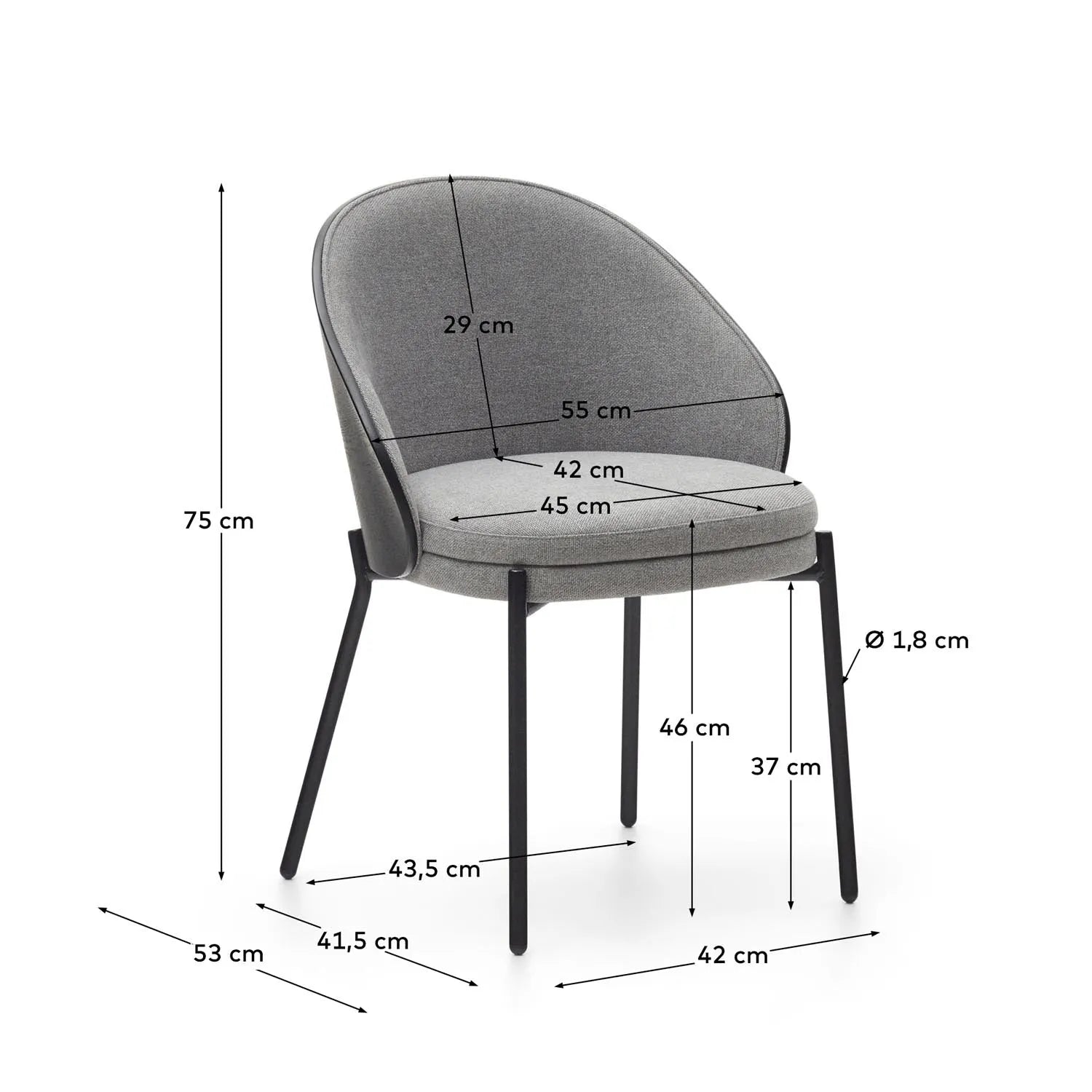 Eamy Stuhl: Modernes Design in hellgrauer Chenille und schwarzem Metall.