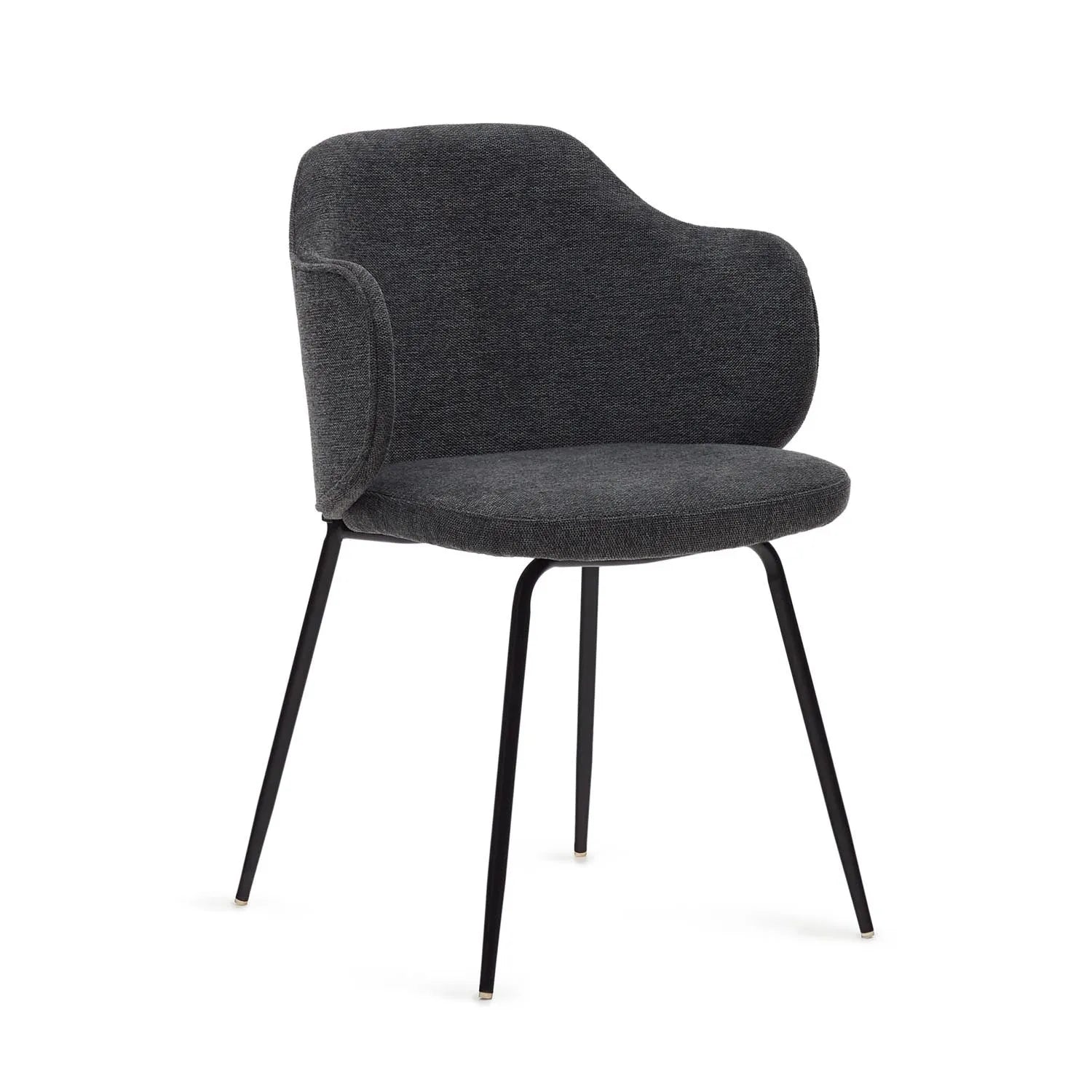 3D-Modell des Yunia Stuhls: Dunkelgrau, ergonomisch, schwarze Stahlbeine, modern, ideal für stilvolle Esszimmer.