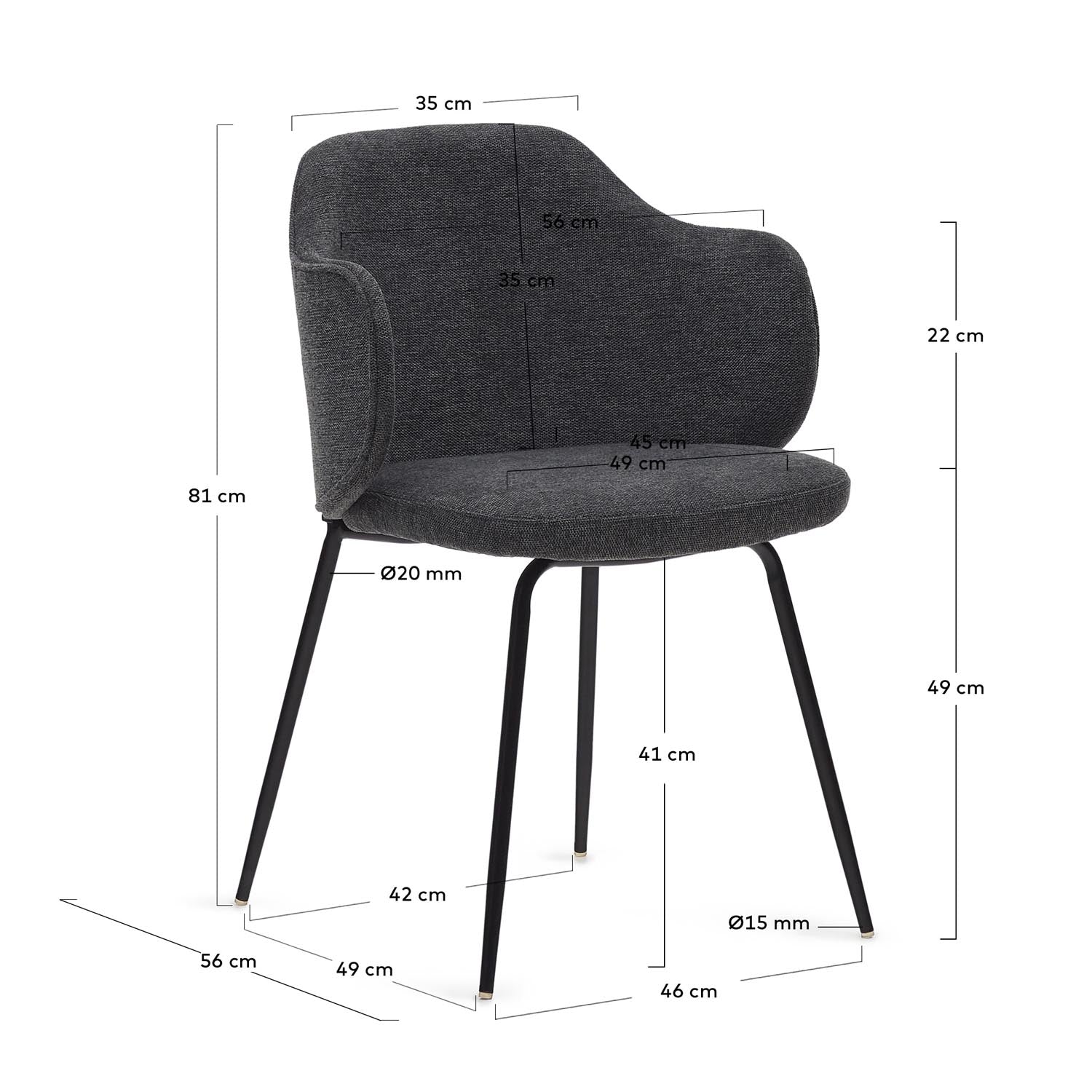 Yunia Stuhl in Dunkelgrau: Ergonomisch, stilvolle Stahlbeine mit schwarzem Finish, ideal für elegantes Esszimmer und hohen Komfort.