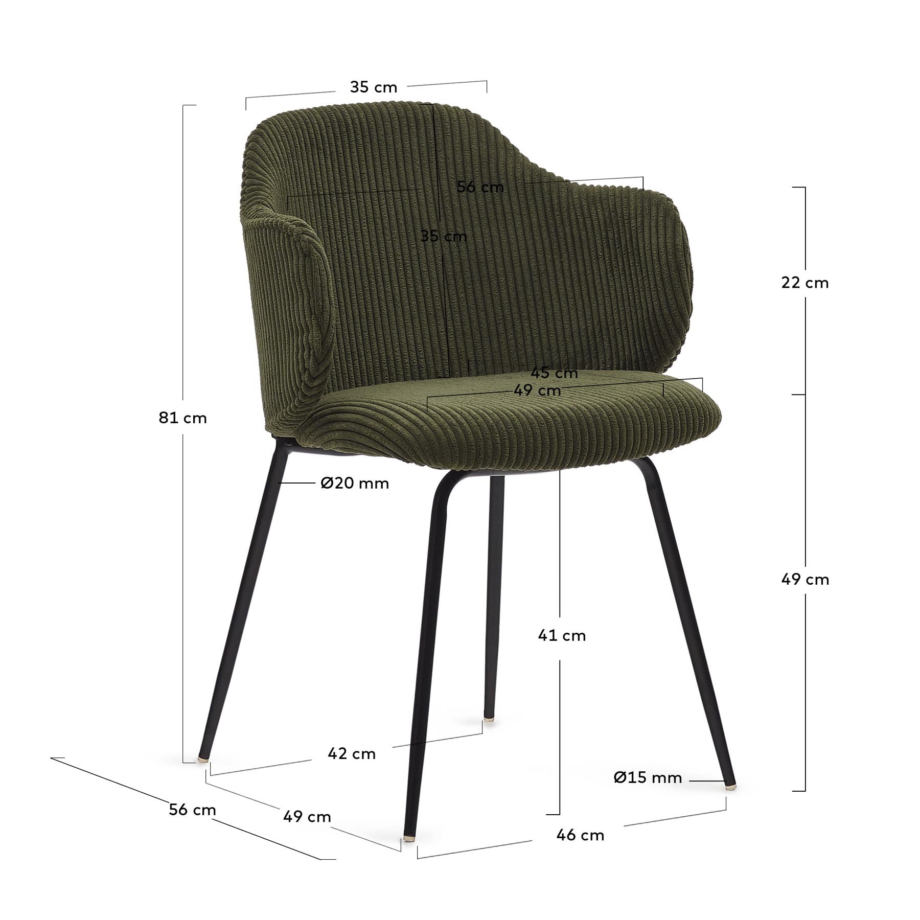 Yunia Stuhl in breitem Cord in Grün mit Stahlbeinen in Schwarz FR in Grün präsentiert im Onlineshop von KAQTU Design AG. Stuhl ist von Kave Home