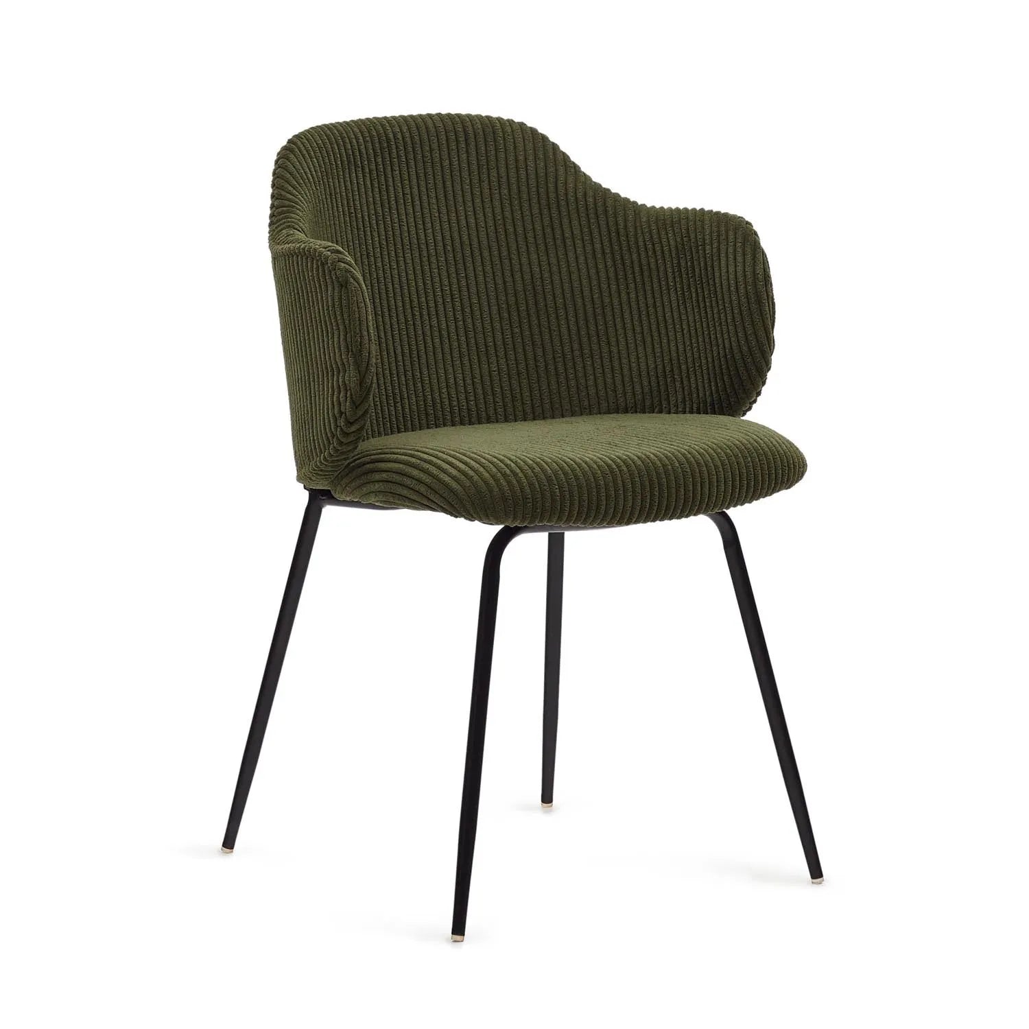 3D-Modell des Yunia Stuhls: Grüner Cordbezug, schwarze Stahlbeine, modernes Design, hoher Komfort, langlebig, von Kave Home.