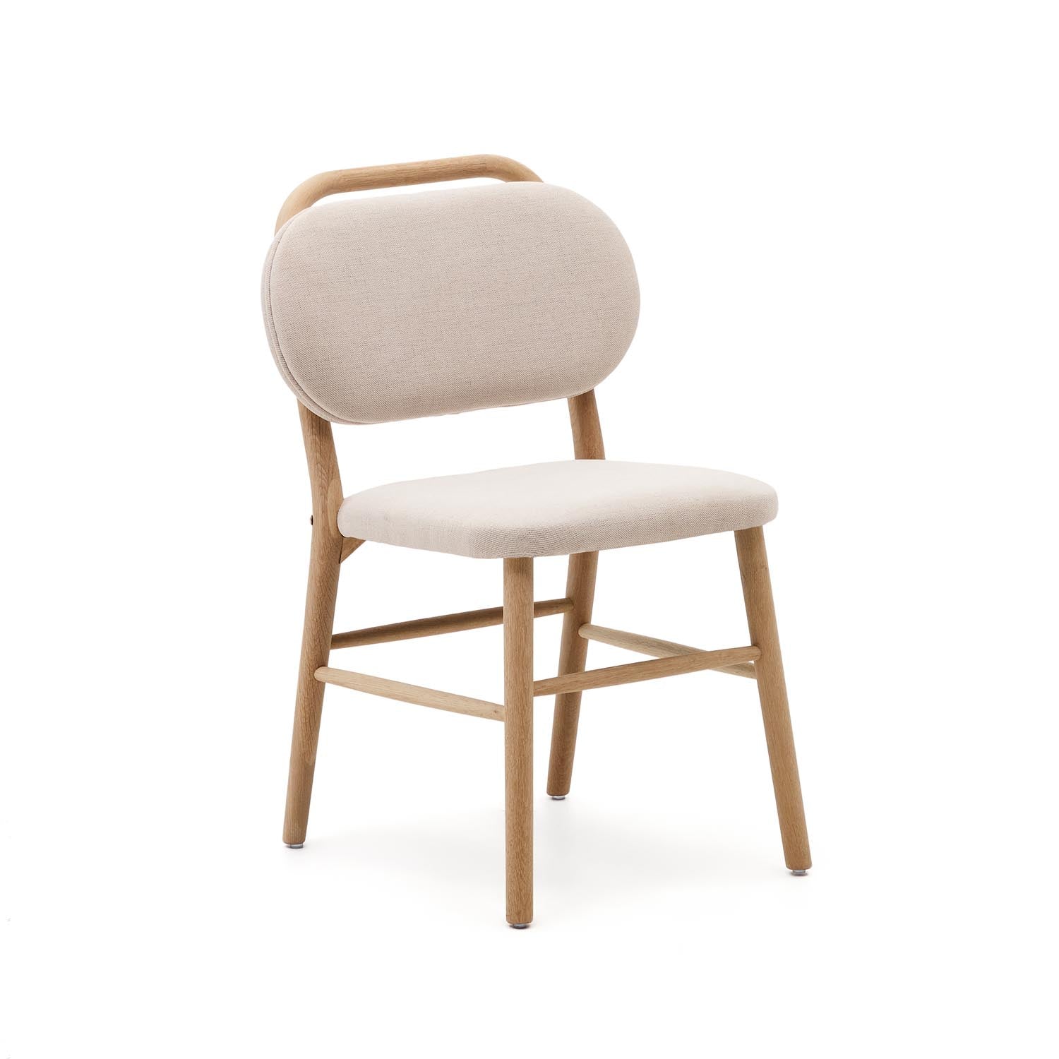 3D-Modell: Helda Stuhl, beiges Chenille, Eichenholz, FSC-zertifiziert, elegant, umweltfreundlich, AR-kompatibel.