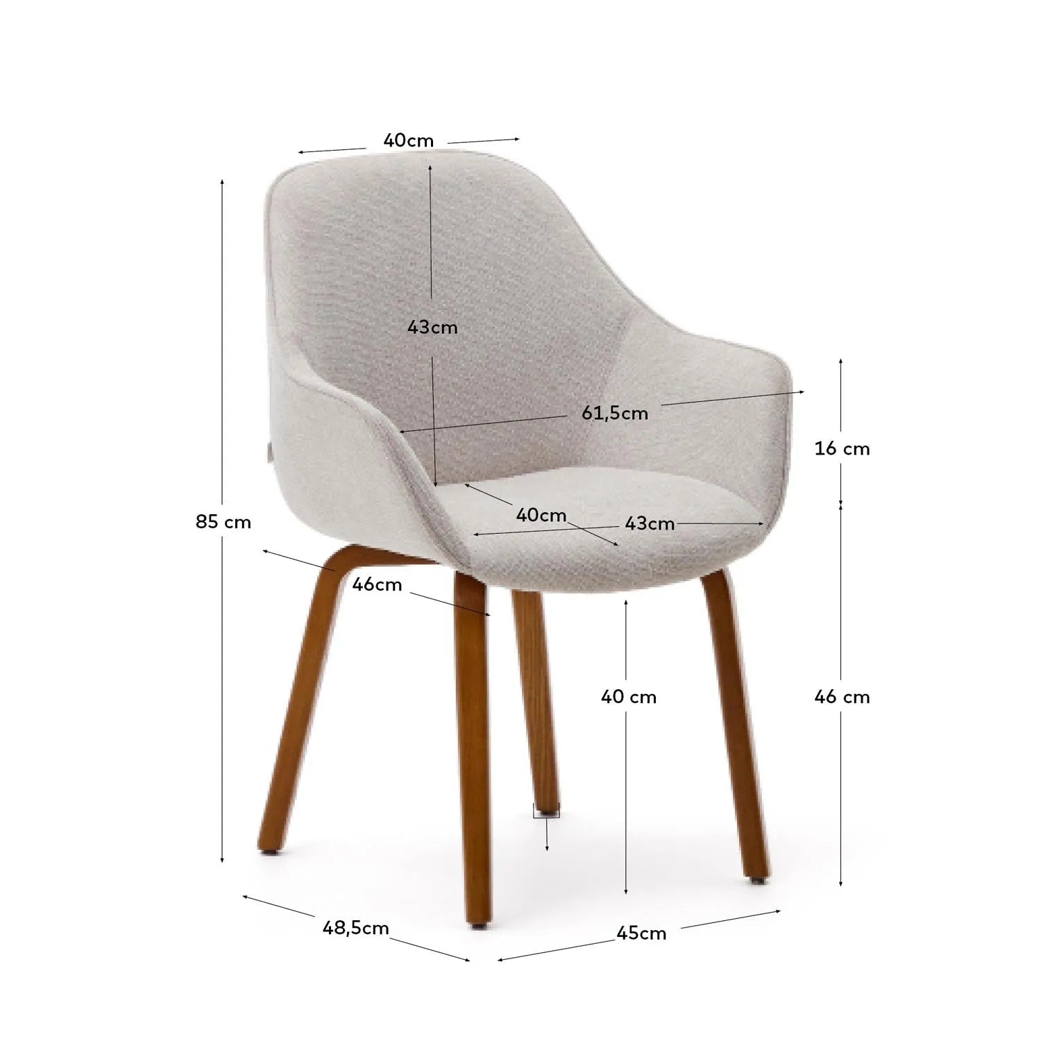 Aleli Stuhl: Beige Chenille, Eschenholzbeine, edles Nussholz-Finish.