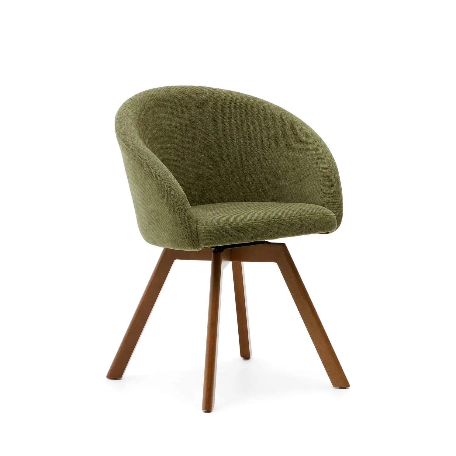 3D-Modell: Marvin Drehstuhl, grüne Chenille, Buchenholzbeine mit Nussholzfinish, elegant und komfortabel für Büro oder Wohnzimmer.
