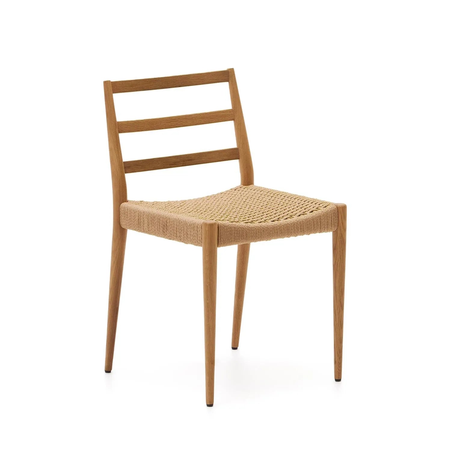 3D-Modell des Analy Stuhls aus massiver Eiche mit Seilsitz, zeitloses Design, nachhaltig und vielseitig.
