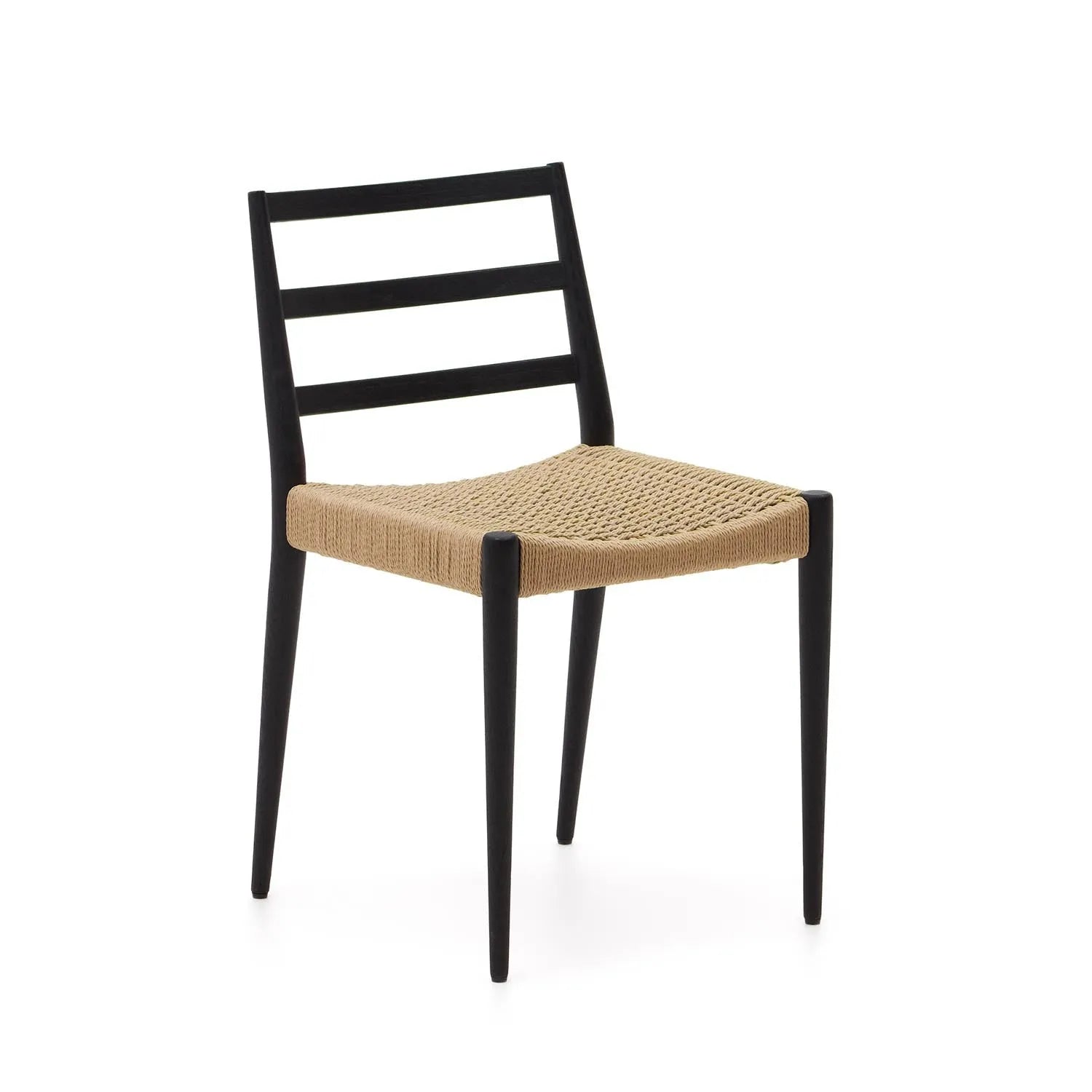 3D-Modell des Analy Stuhls: Eiche, schwarzes Finish, Seilsitz, FSC-zertifiziert, zeitloses Design.