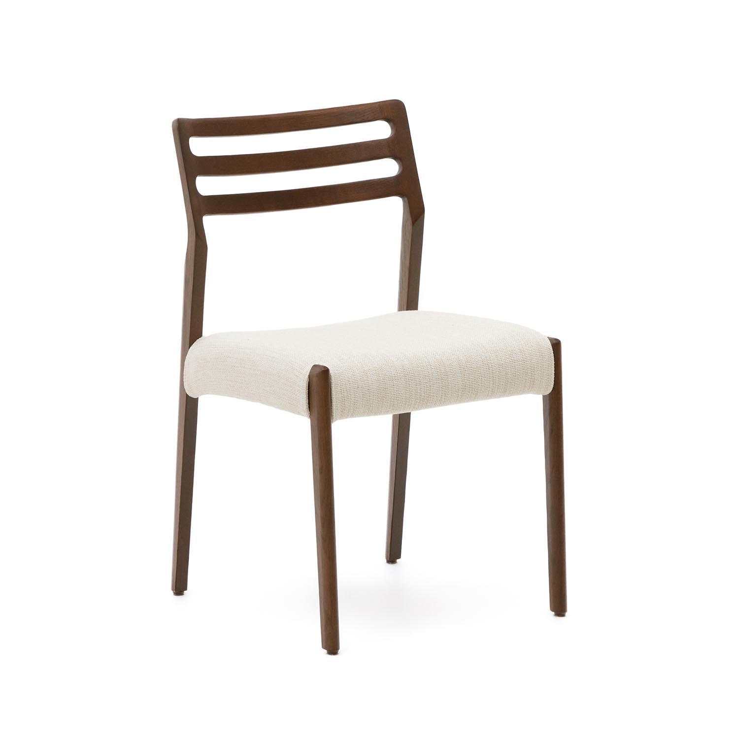 3D-Modell: Cudia Stuhl, beige Chenille, Eiche Nussbaum-Finish, skandinavisch, abnehmbarer Bezug, AR-kompatibel.