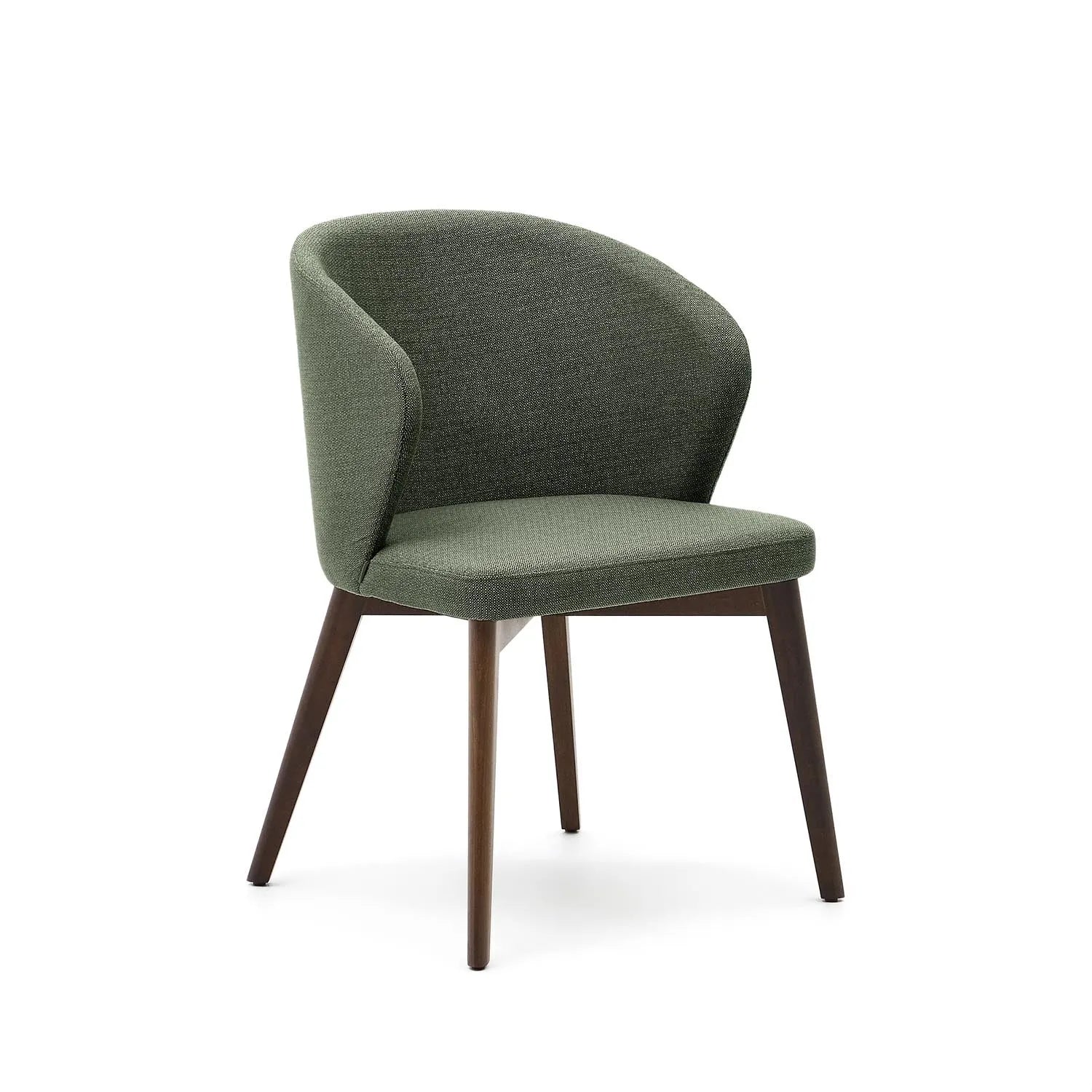 3D-Modell: Eleganter Stuhl aus grüner Chenille, massives Buchenholz mit Nussbaum-Finish, ideal für stilvolle Esszimmer.
