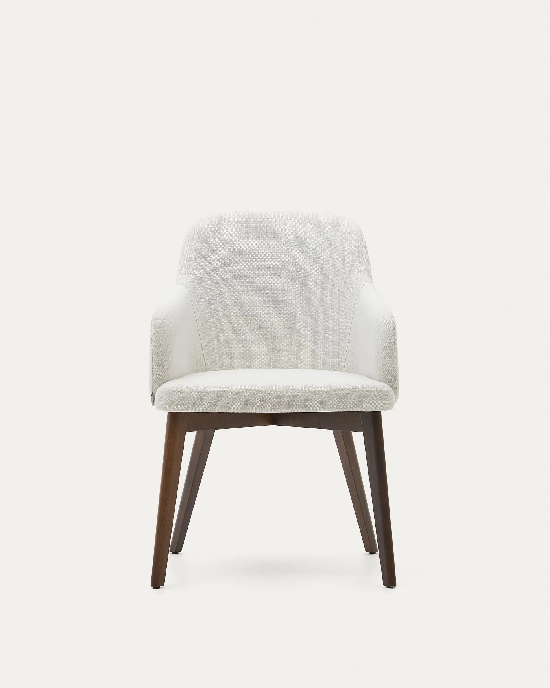 Eleganter Nelida Stuhl: Beigefarbene Chenille, massives Buchenholz mit Nussbaum-Finish, FSC-zertifiziert, zeitloser Komfort.