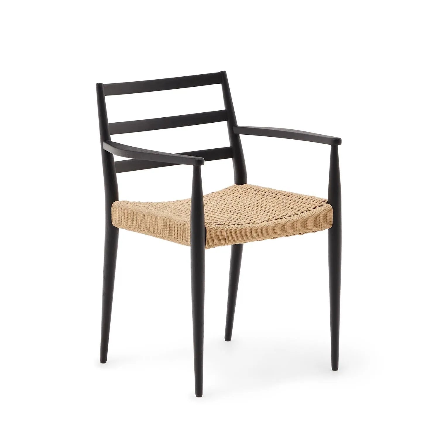 Eleganter Analy Stuhl aus massivem Eichenholz, schwarzes Finish, Seilsitz, FSC-zertifiziert, zeitloses Design, komfortabel.