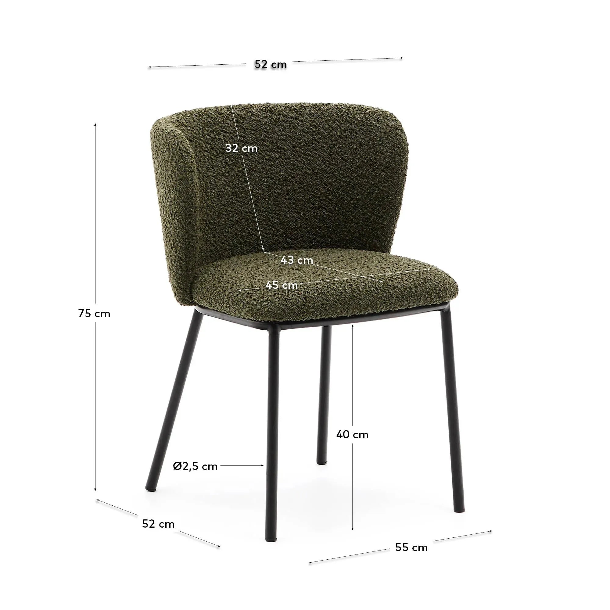 Eleganter Stuhl Ciselia mit grünem Bouclé-Bezug und schwarzem Stahlgestell, nachhaltig aus FSC-zertifizierten Materialien gefertigt.