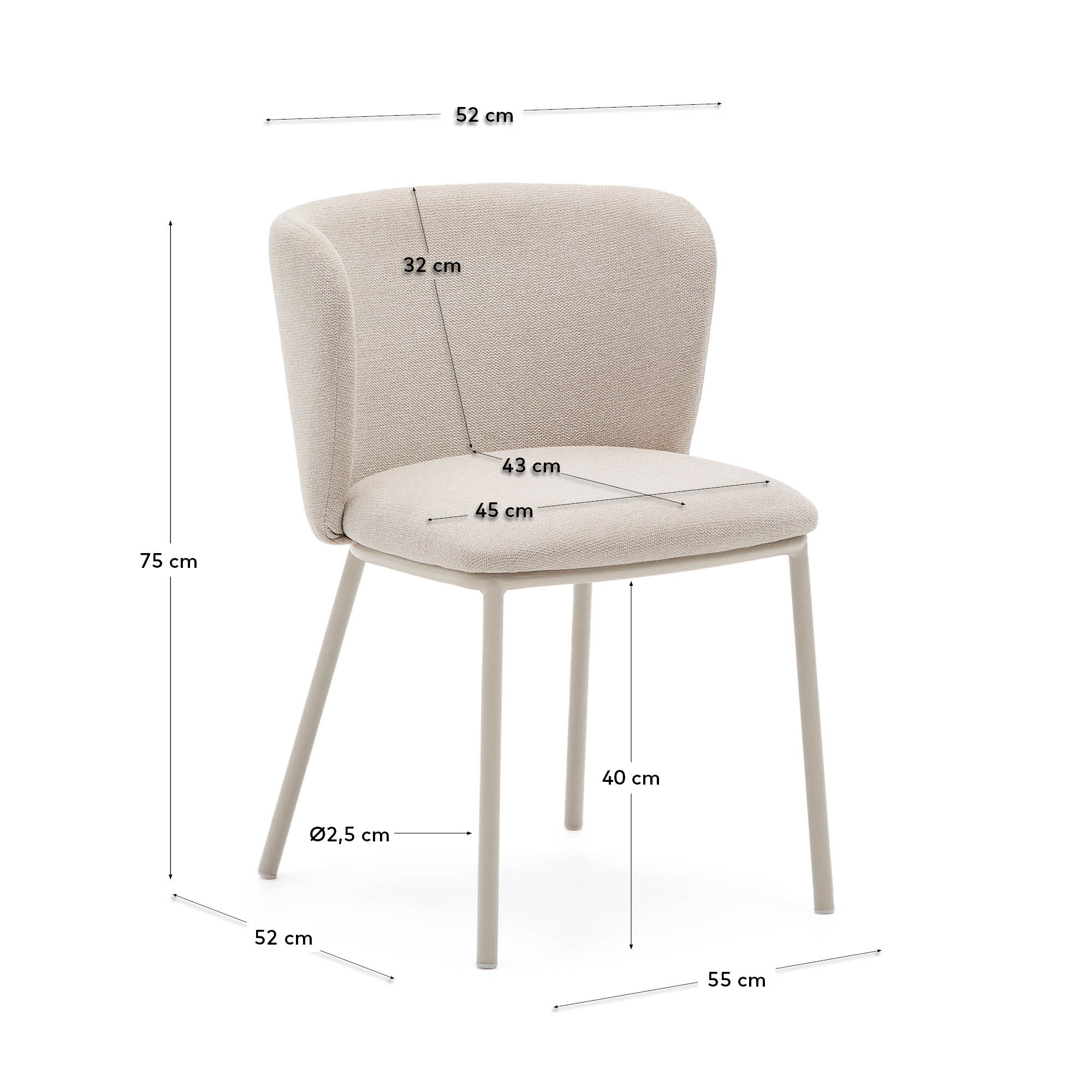 Moderner Stuhl Ciselia aus beigem Chenille und FSC-zertifiziertem Stahl, perfekt für nachhaltige und elegante Wohnräume.