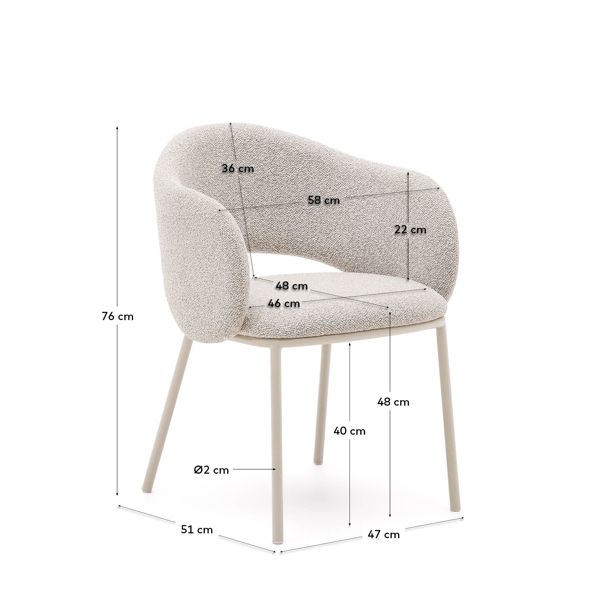 Stuhl Maina: Eleganter beiger Chenille-Stuhl mit stabilen Stahlbeinen, ergonomisch und nachhaltig – perfekter Komfort für Ihr Zuhause.