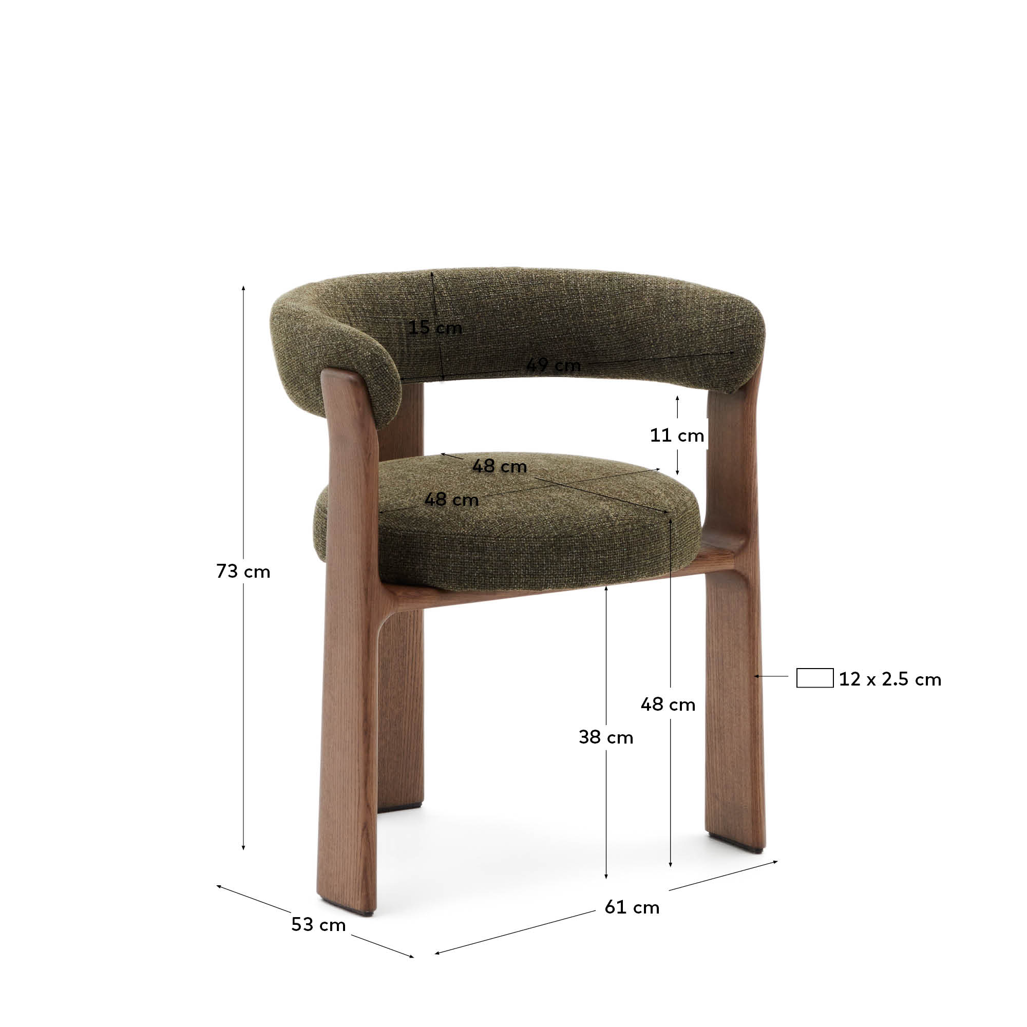 Eleganter Stuhl mit grünem Chenille-Stoff, 3 Beinen aus FSC-zertifiziertem Eschenholz mit Walnuss-Finish, von Kave Home.