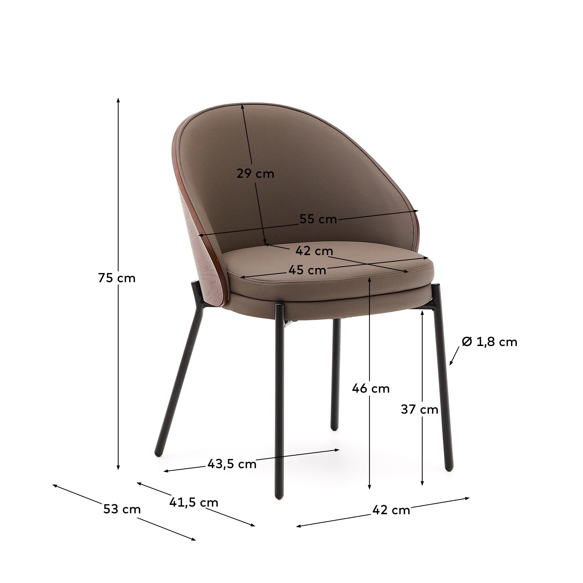 Eleganter Eamy Stuhl in braunem Kunstleder, Nussbaum-Furnier und schwarzem Metallgestell – ideal für stilvolle Wohnräume.