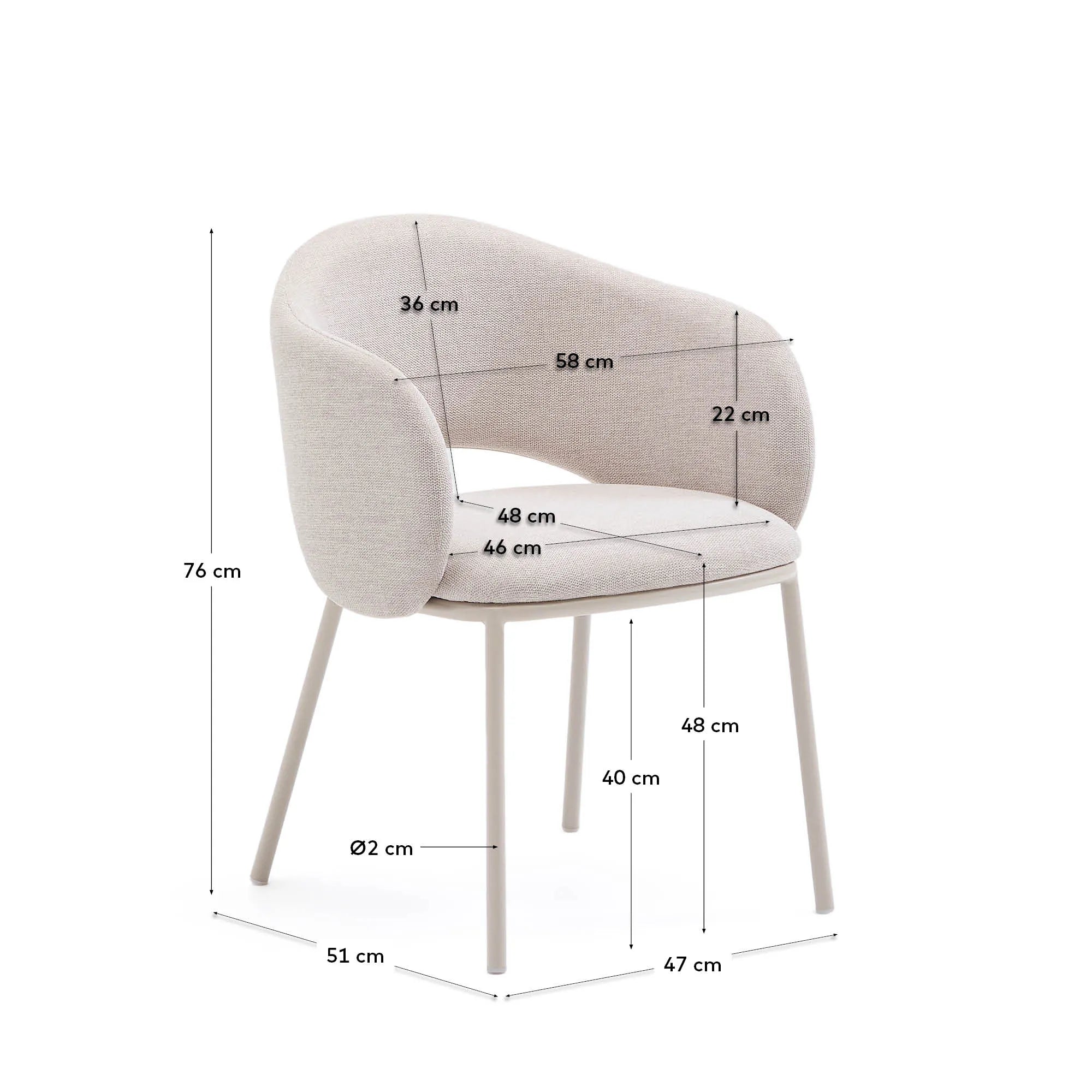 Eleganter Stuhl Maina in Beige mit nachhaltigen Stahlbeinen, FSC-zertifiziert, für stilvolle und umweltbewusste Einrichtung.