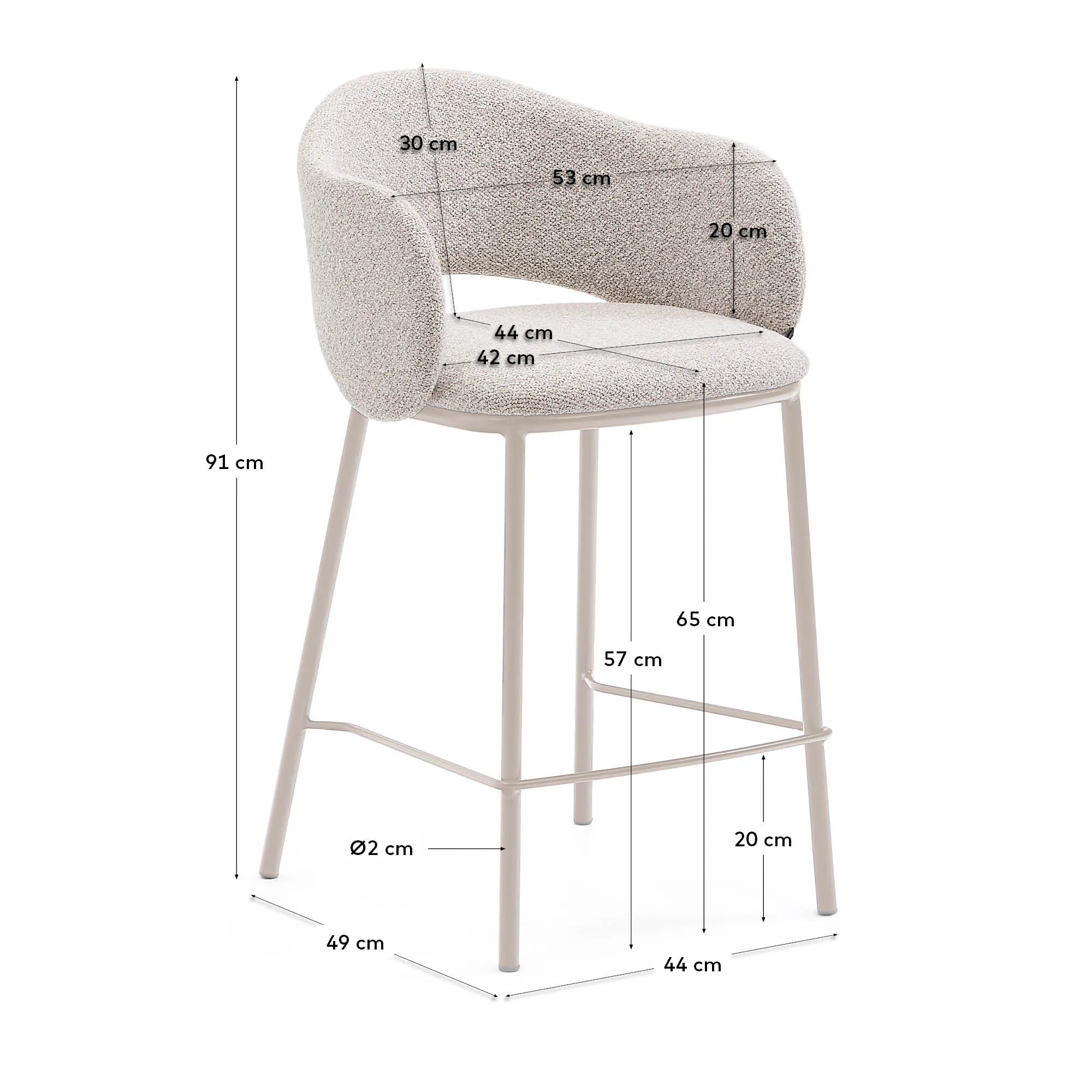 Moderner Hocker Maina mit grobem beigem Chenillebezug, stabilen Stahlbeinen in beigem Finish, FSC-zertifiziert, Höhe 65 cm.