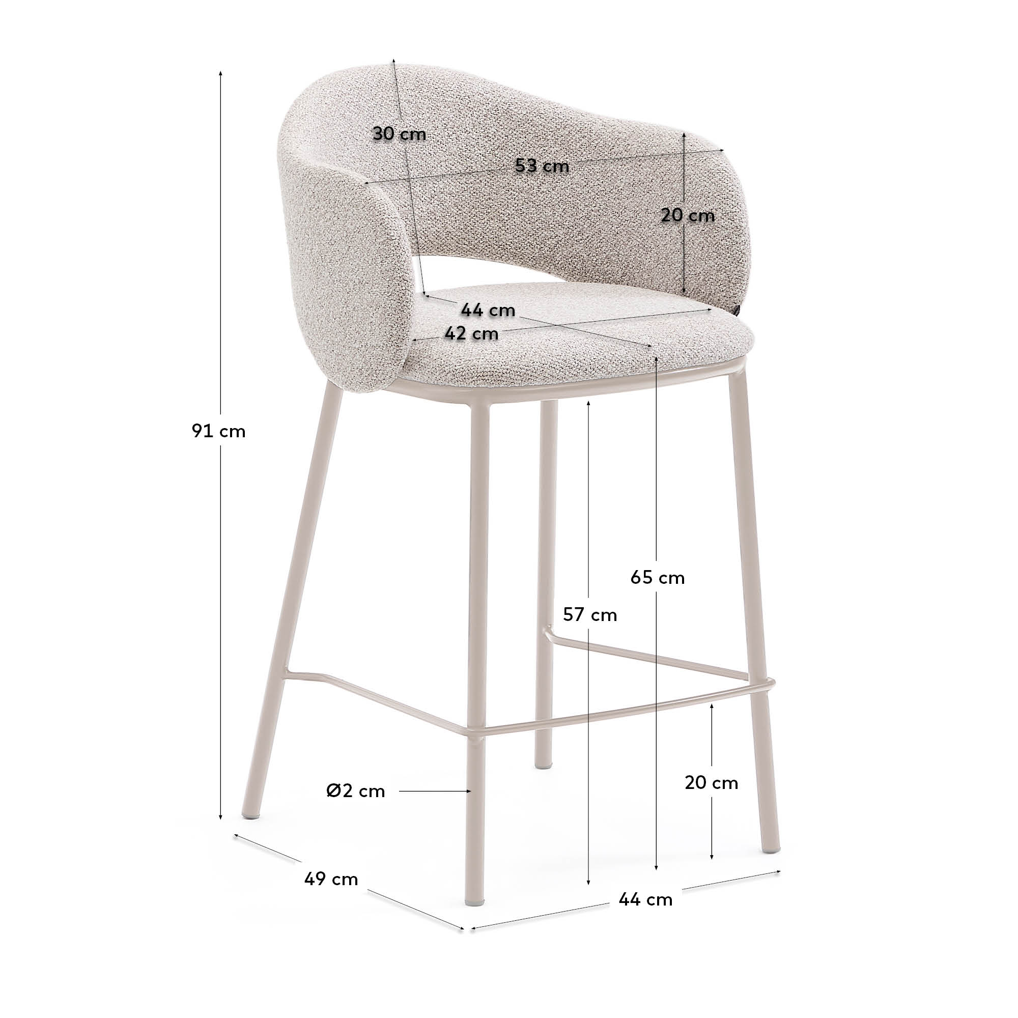 Der Hocker Maina vereint beigen Chenille-Stoff mit stabilen Stahlbeinen, ideal für stilvolle, nachhaltige Einrichtung.