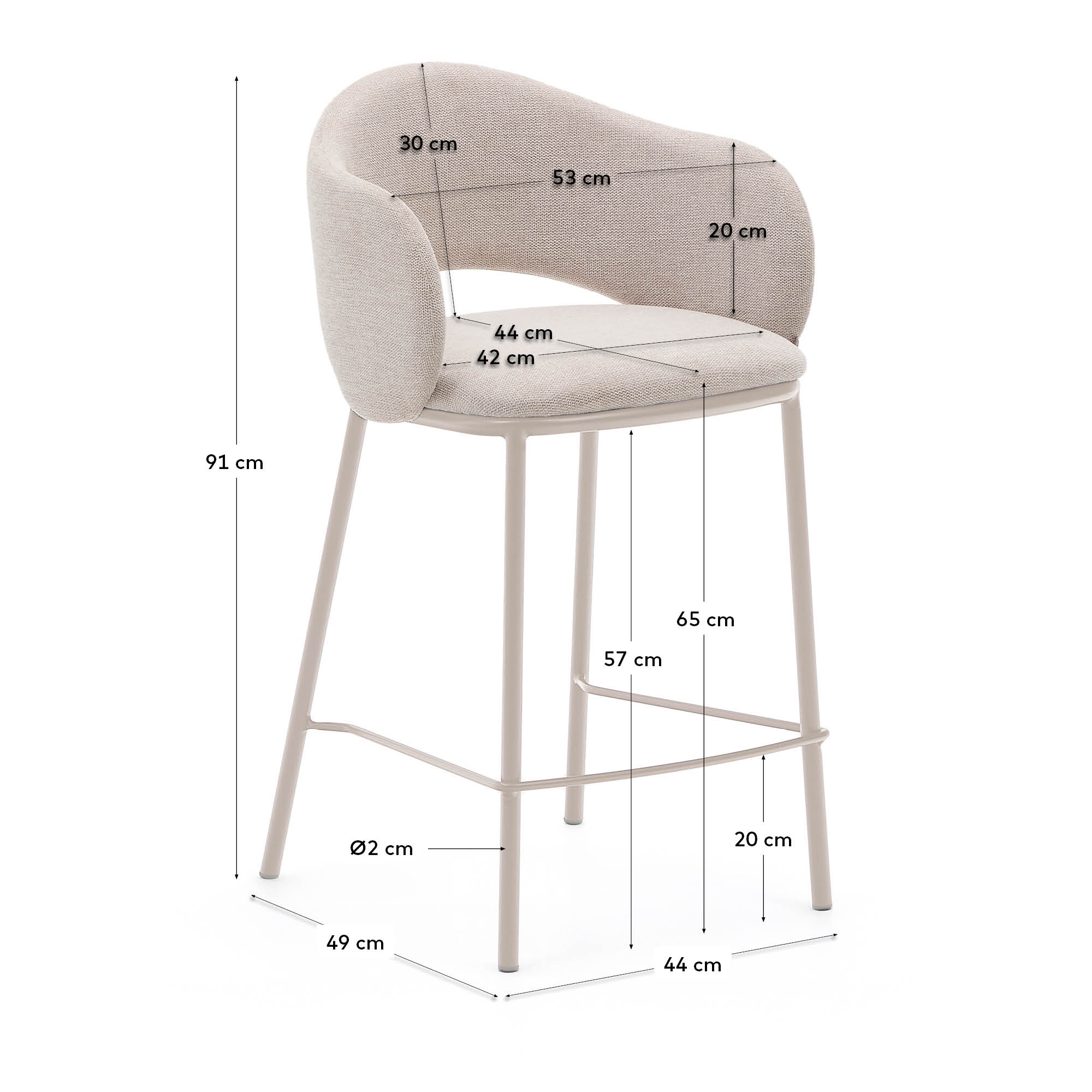 Eleganter Hocker Maina, 65 cm, mit beiger Chenille-Polsterung und stabilen Stahlbeinen, FSC-zertifiziert, für modernes Wohnen.