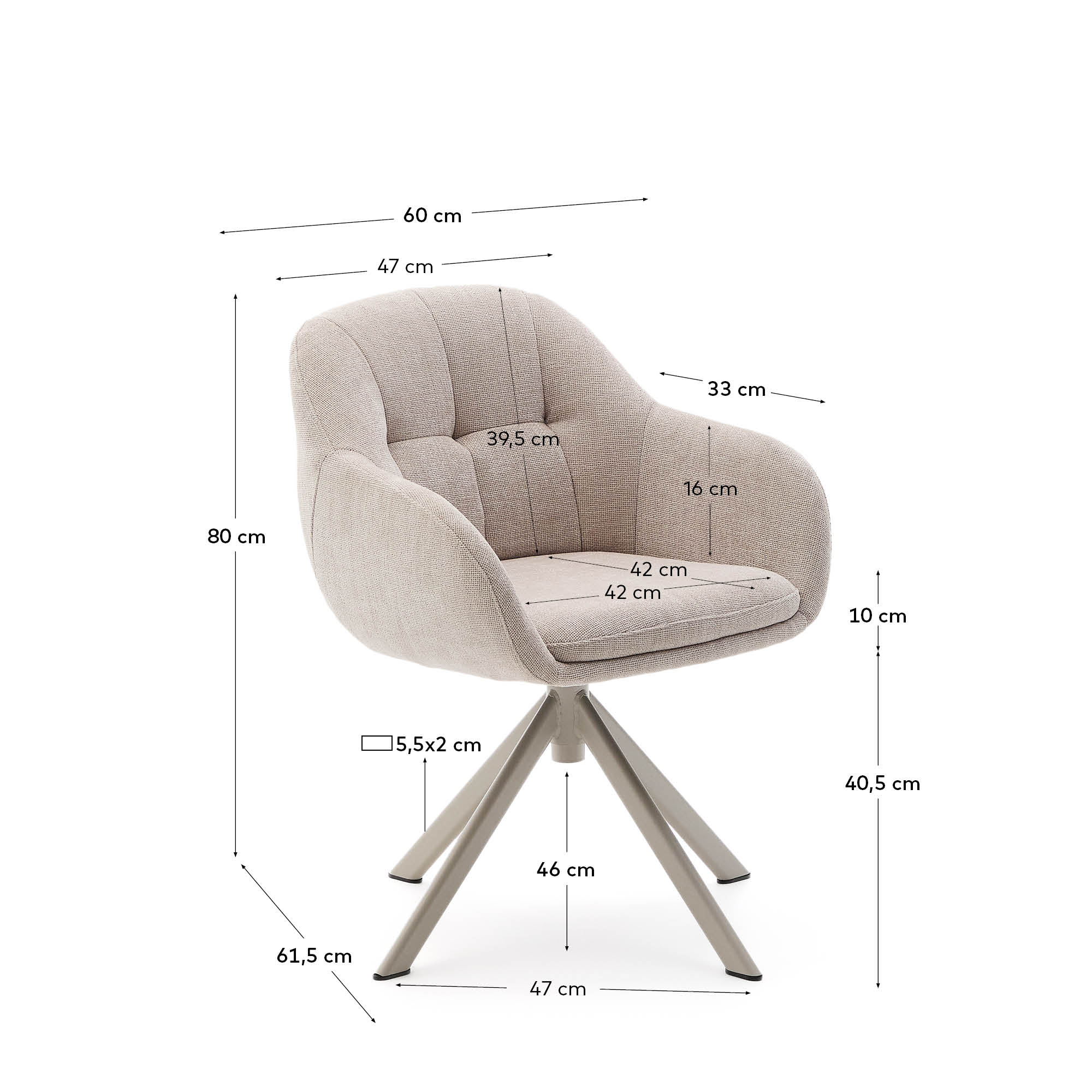 Moderner Drehstuhl Dorina mit beiger Chenille-Polsterung und stabilen Stahlbeinen, ideal für stilvolle und gemütliche Wohnbereiche.