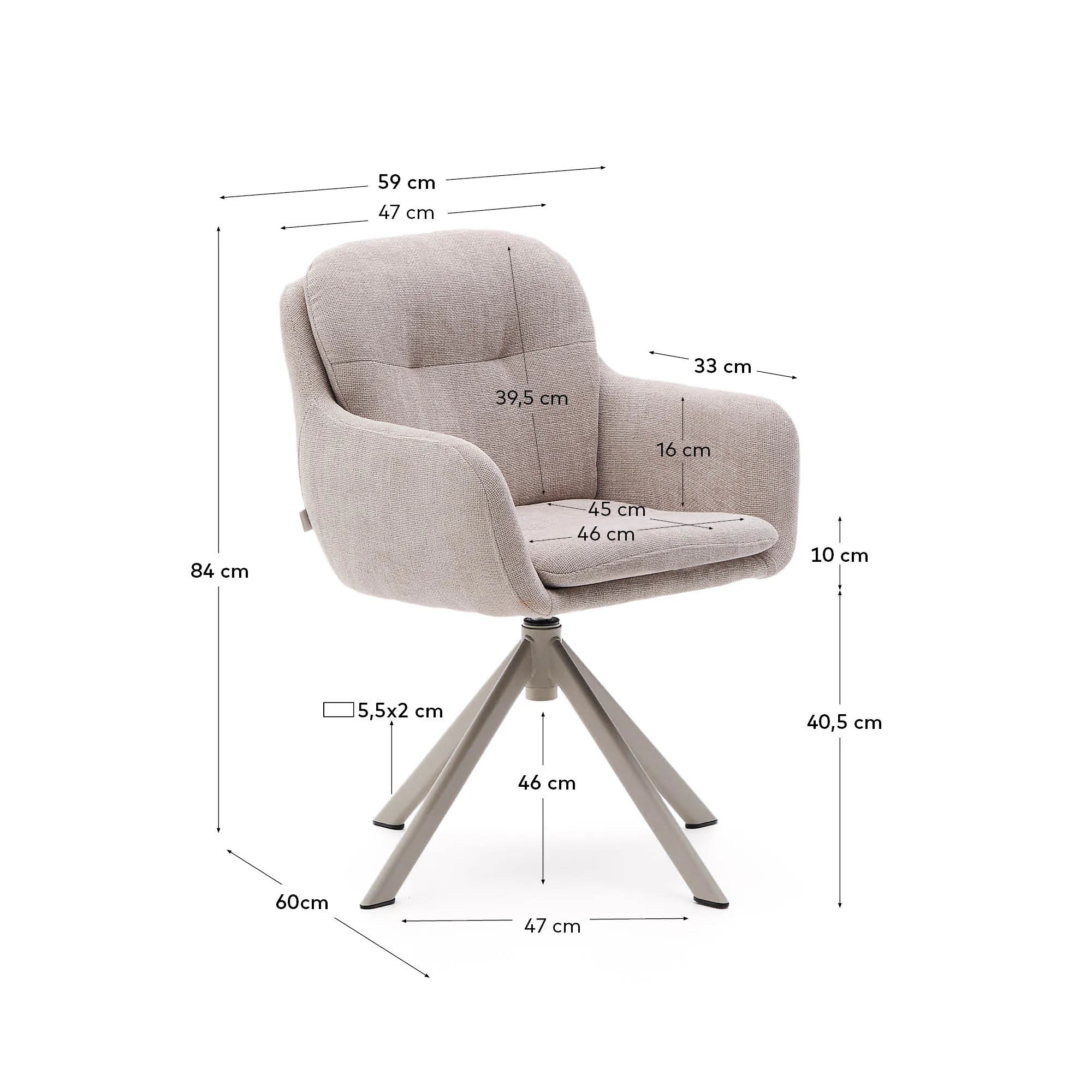 Eleganter Drehstuhl Lexa: Beigefarbene Chenille, Stahlbeine, flexibler Drehmechanismus, ideal für stilvolle Räume.