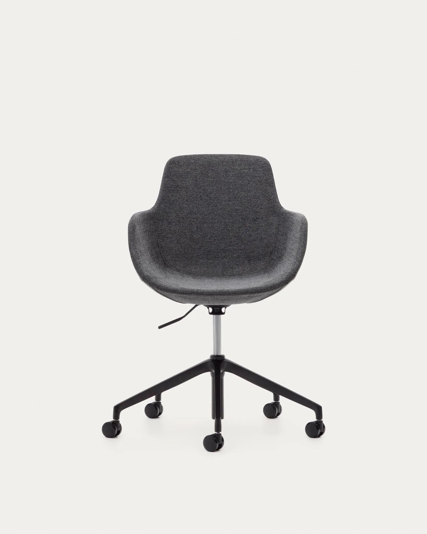Eleganter Schreibtischstuhl in Dunkelgrau mit Aluminium und mattschwarzer Oberfläche, ideal für modernes Bürodesign.