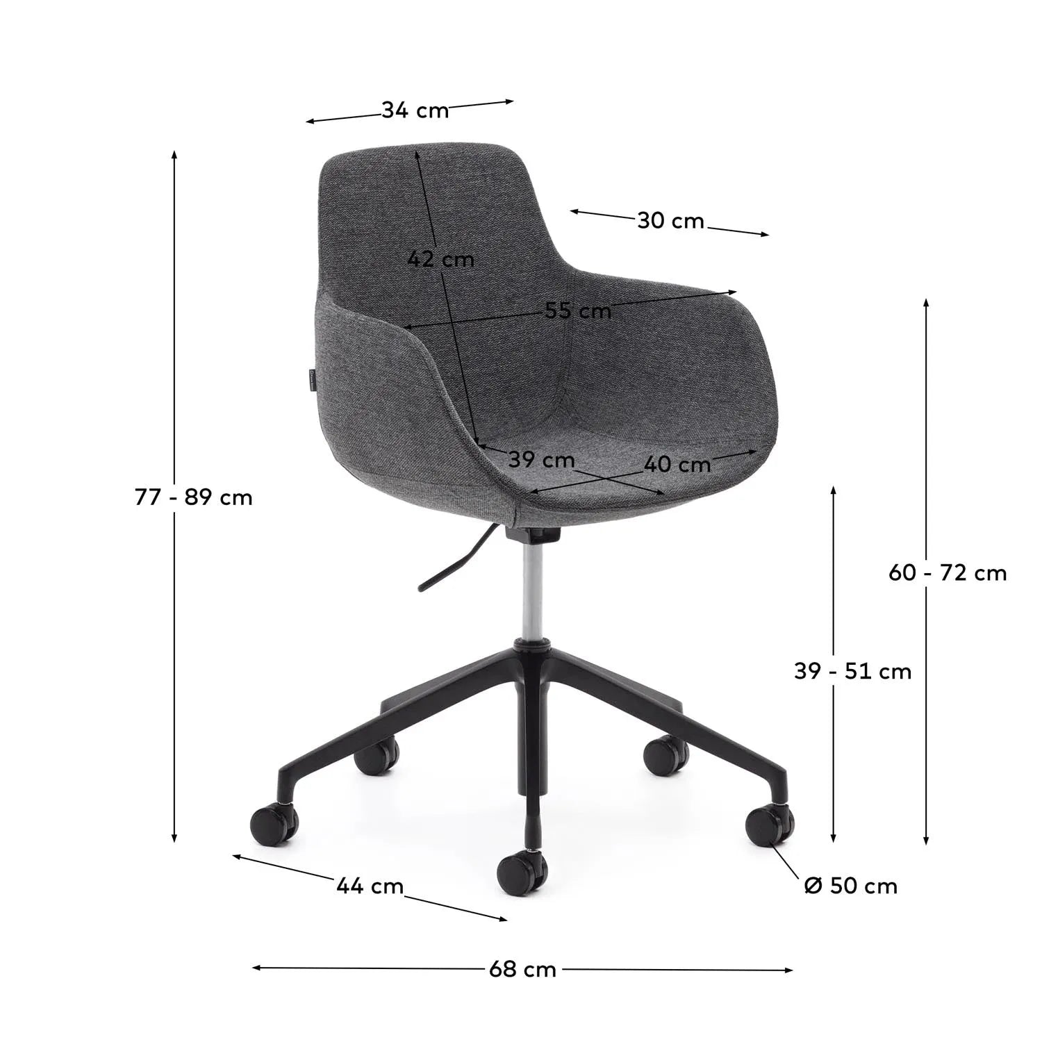 Eleganter Schreibtischstuhl in Dunkelgrau mit Aluminium und mattschwarzer Oberfläche, ideal für modernes Bürodesign.