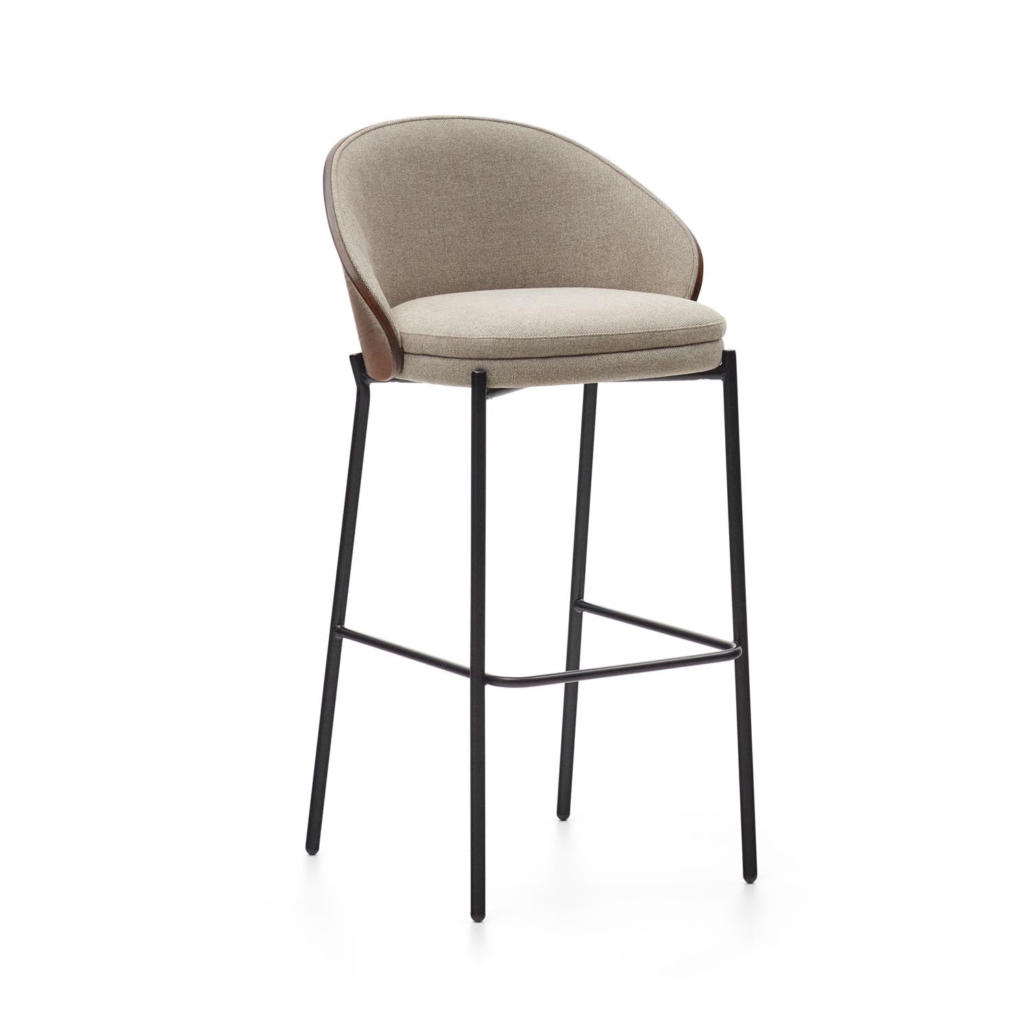 Eleganter Eamy Hocker: 77 cm hoch, braune Chenille, Eschenfurnier mit Wenge-Finish, schwarzes Metall. Stilvoll und komfortabel.
