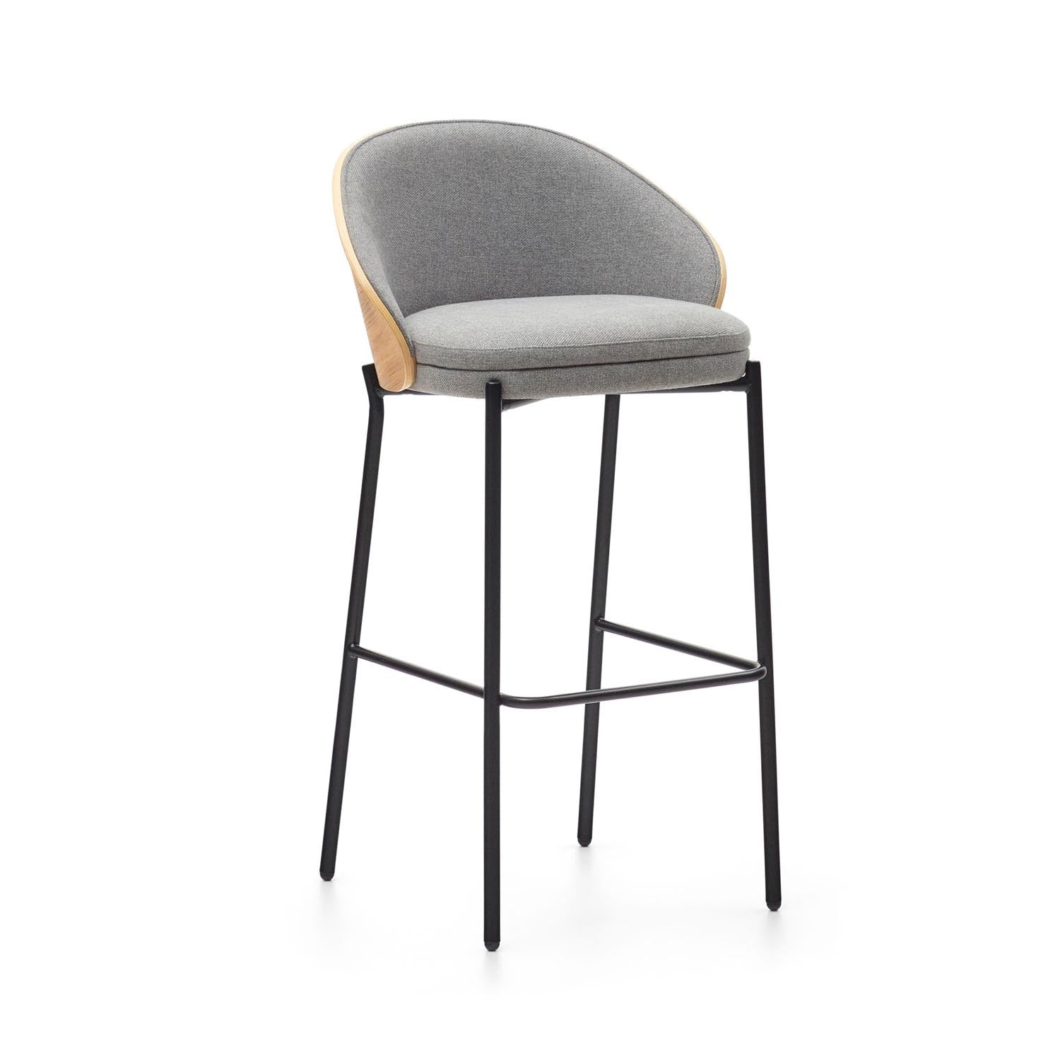 Eleganter Eamy Hocker: hellgraue Chenille, Eschenfurnier, schwarzes Metall. Komfort und Stil für moderne Küchen und Bars.