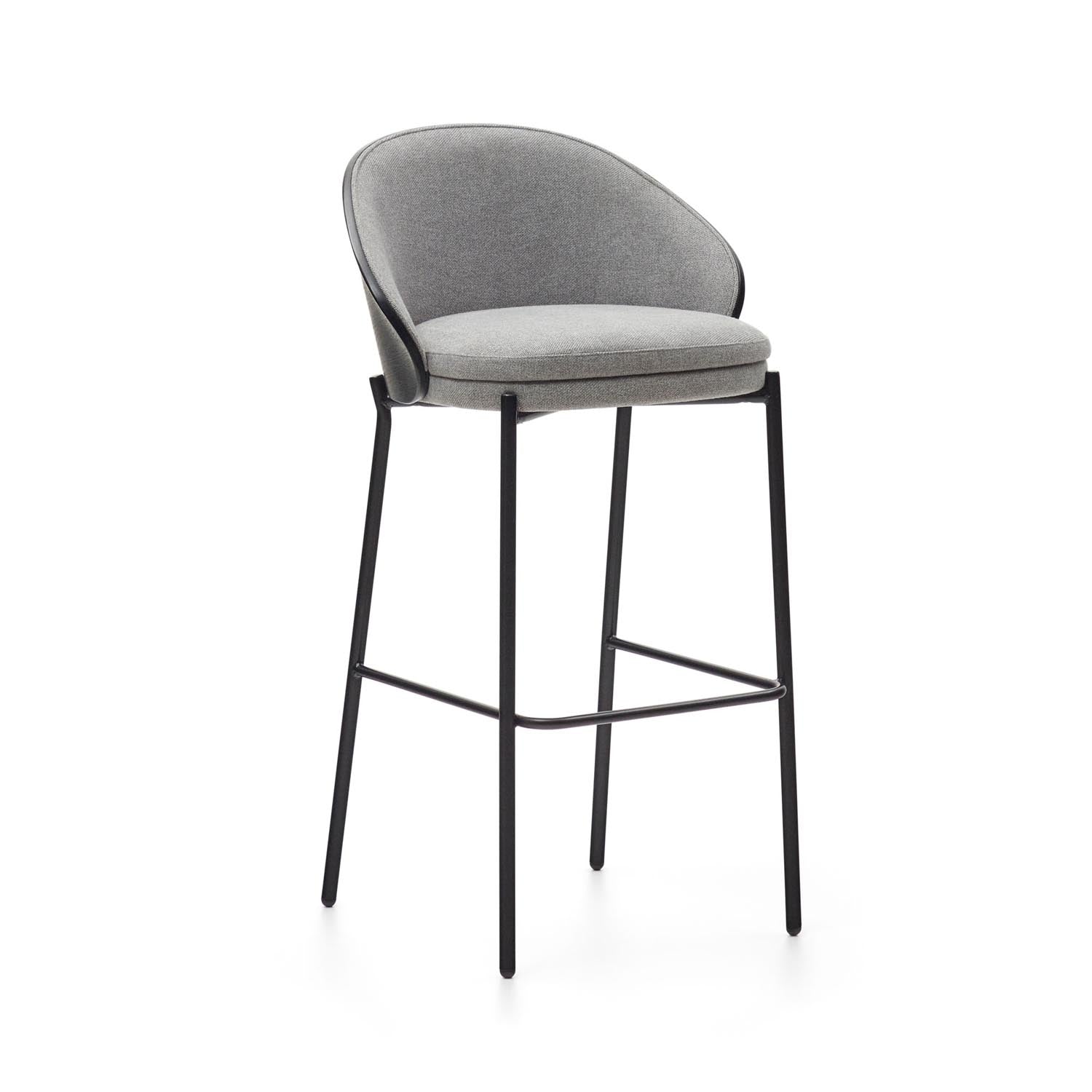 3D-Modell des Eamy Hockers: hellgraue Chenille, Eschenfurnier mit schwarzem Finish, schwarzes Metallgestell, elegant und komfortabel.
