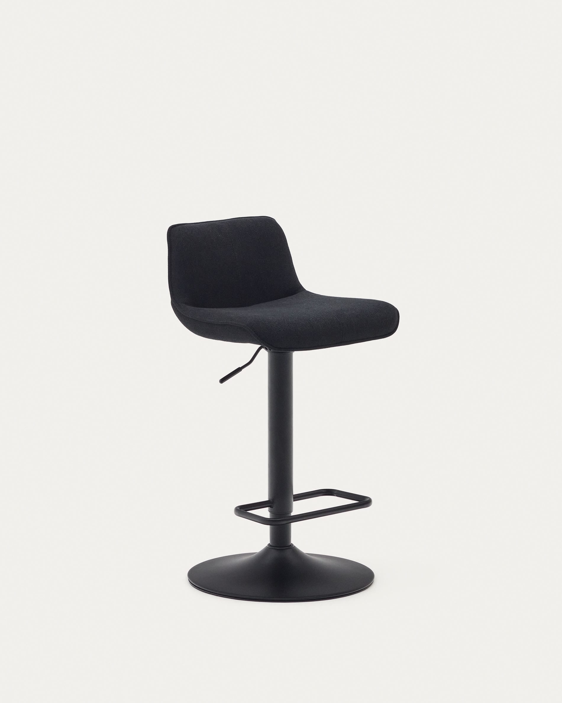 3D-Modell des Zenda Hockers: schwarzes Chenille, mattschwarzer Stahl, höhenverstellbar, modern, ideal für Bars.