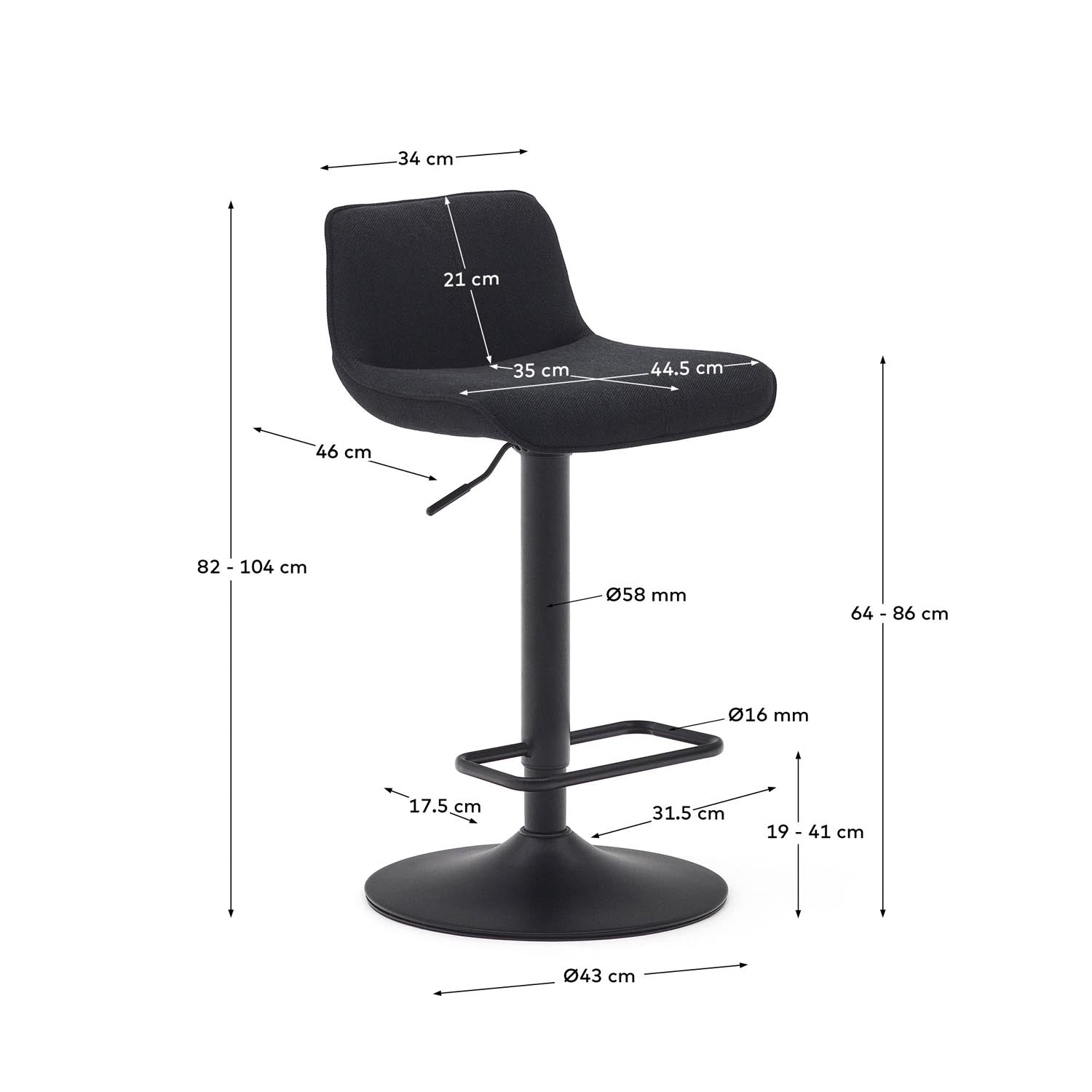 Entdecken Sie den Zenda Hocker von Kave Home: elegantes Design aus schwarzem Chenille und mattschwarzem Stahl, höhenverstellbar für optimalen Komfort in jeder modernen Küche oder Bar.