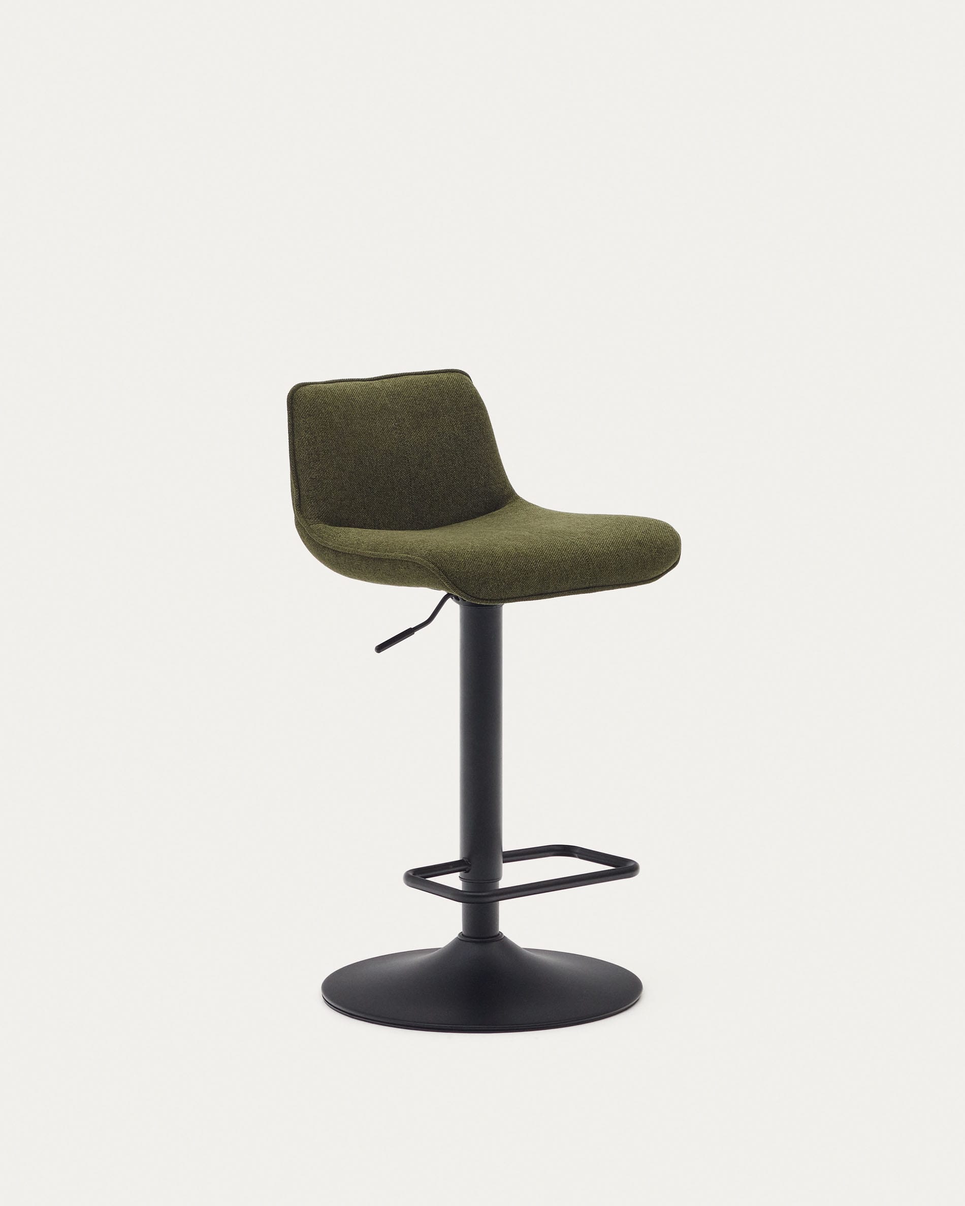 3D-Modell des Zenda Hockers: Dunkelgrüne Chenille, mattschwarzer Stahl, höhenverstellbar, elegant und komfortabel.