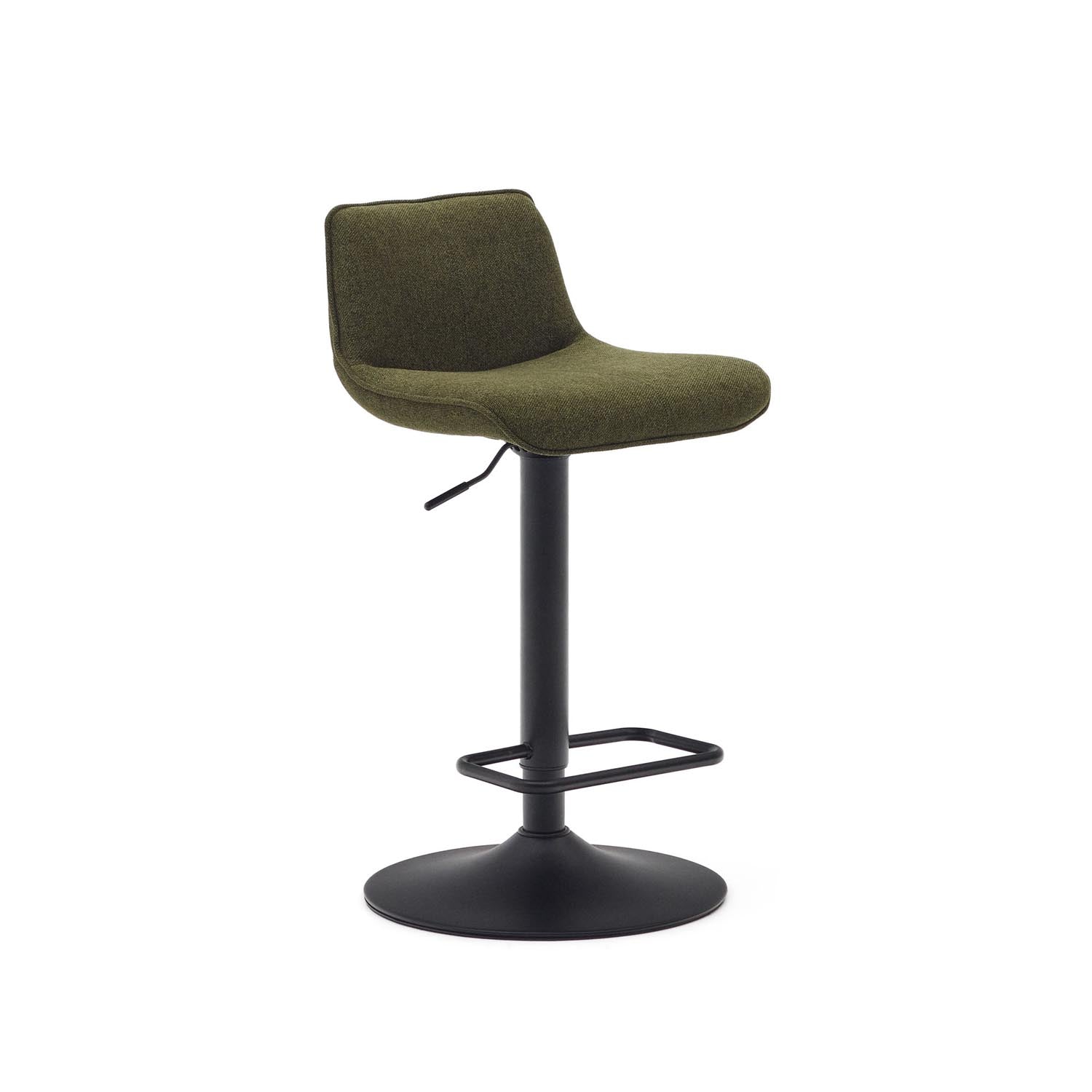 Entdecken Sie den Zenda Hocker von Kave Home: dunkelgrüne Chenille, mattschwarzer Stahl, 81-102 cm hoch. Ideal für Bartische und stilvolle Küchen.