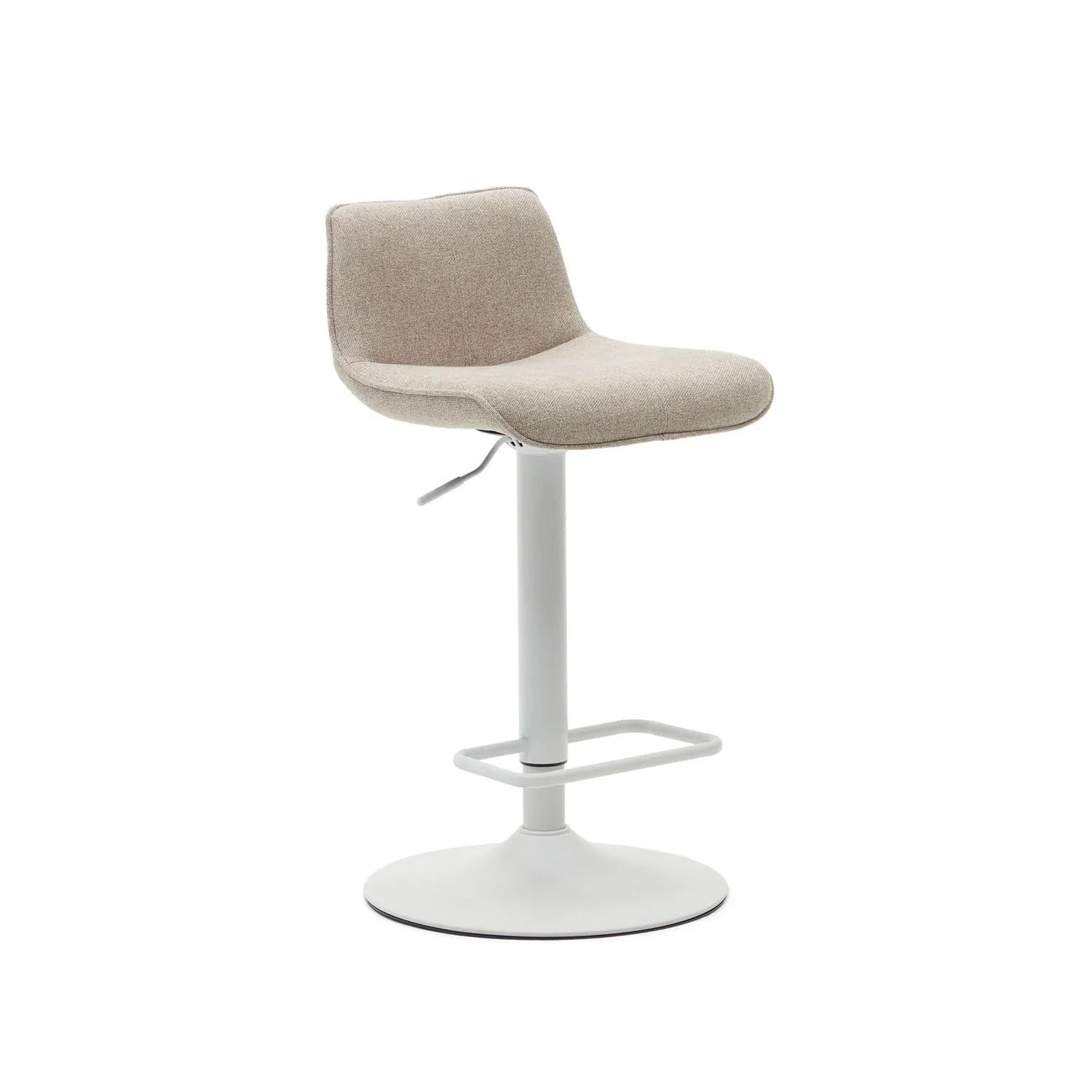 3D-Modell des Zenda Hockers: Beiges Chenille, mattweißer Stahl, höhenverstellbar, modern und elegant.