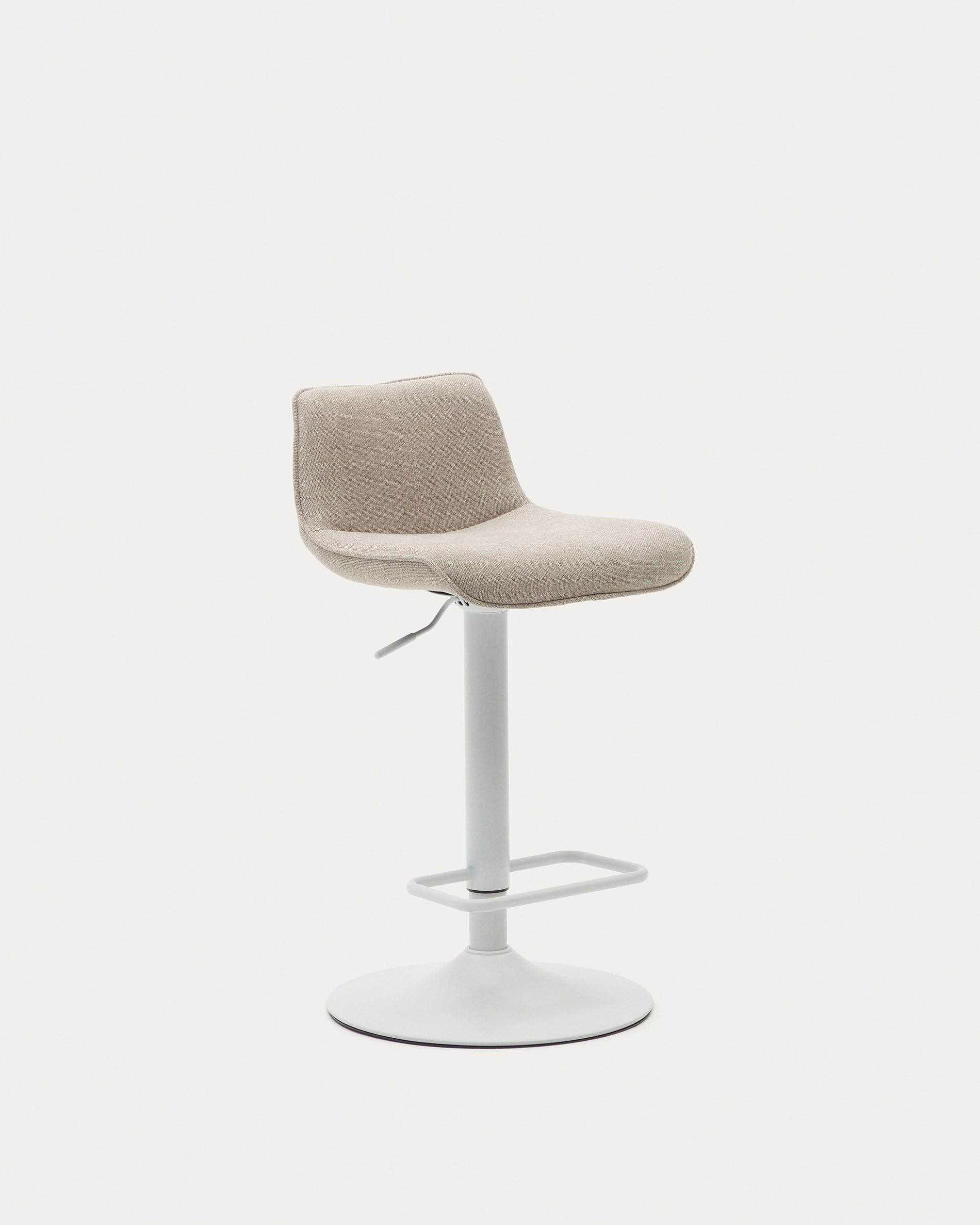 3D-Modell des Zenda Hockers: Beiges Chenille, mattweisser Stahl, höhenverstellbar, modern und elegant.