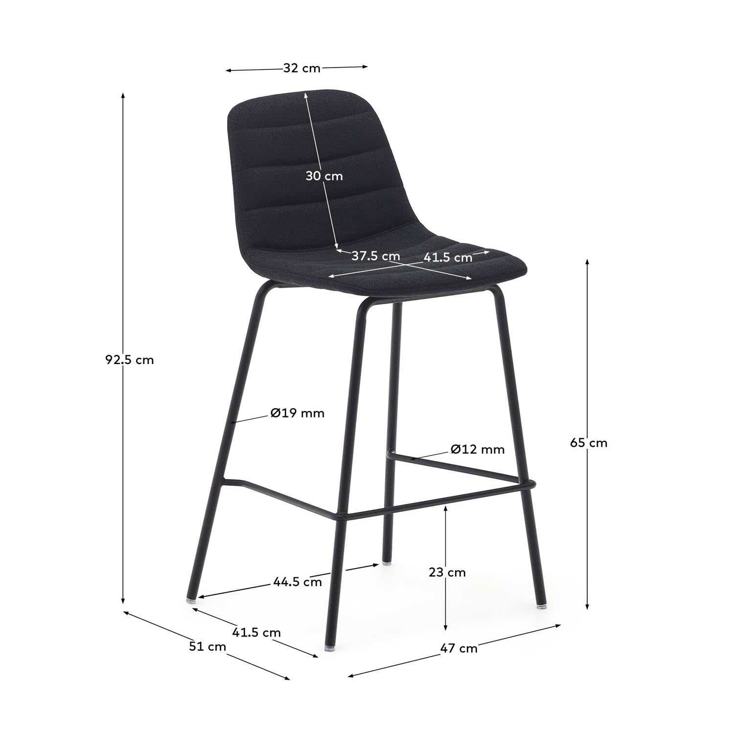 Moderner Zunilda Hocker aus schwarzem Chenille und mattschwarzem Stahl, 65 cm hoch. Ideal für stilvolle Wohnräume und Bars.