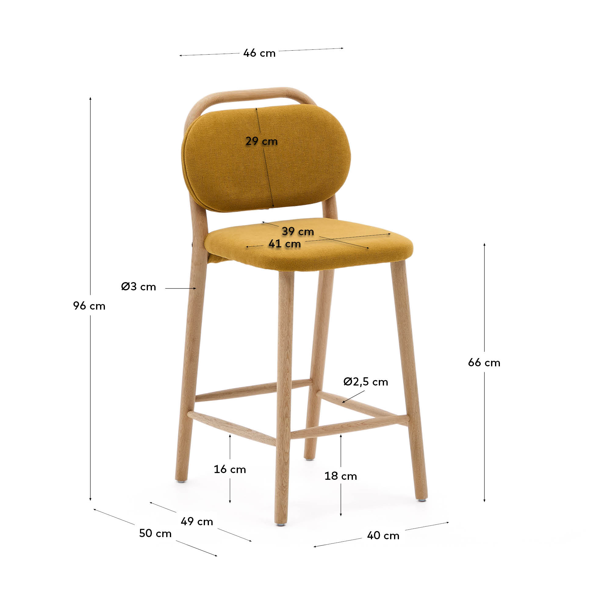 Entdecken Sie den Helda Hocker von Kave Home: 65 cm hoch, aus hochwertiger senfgelber Chenille und robustem Eichenholz – ideal für jeden Wohnstil.