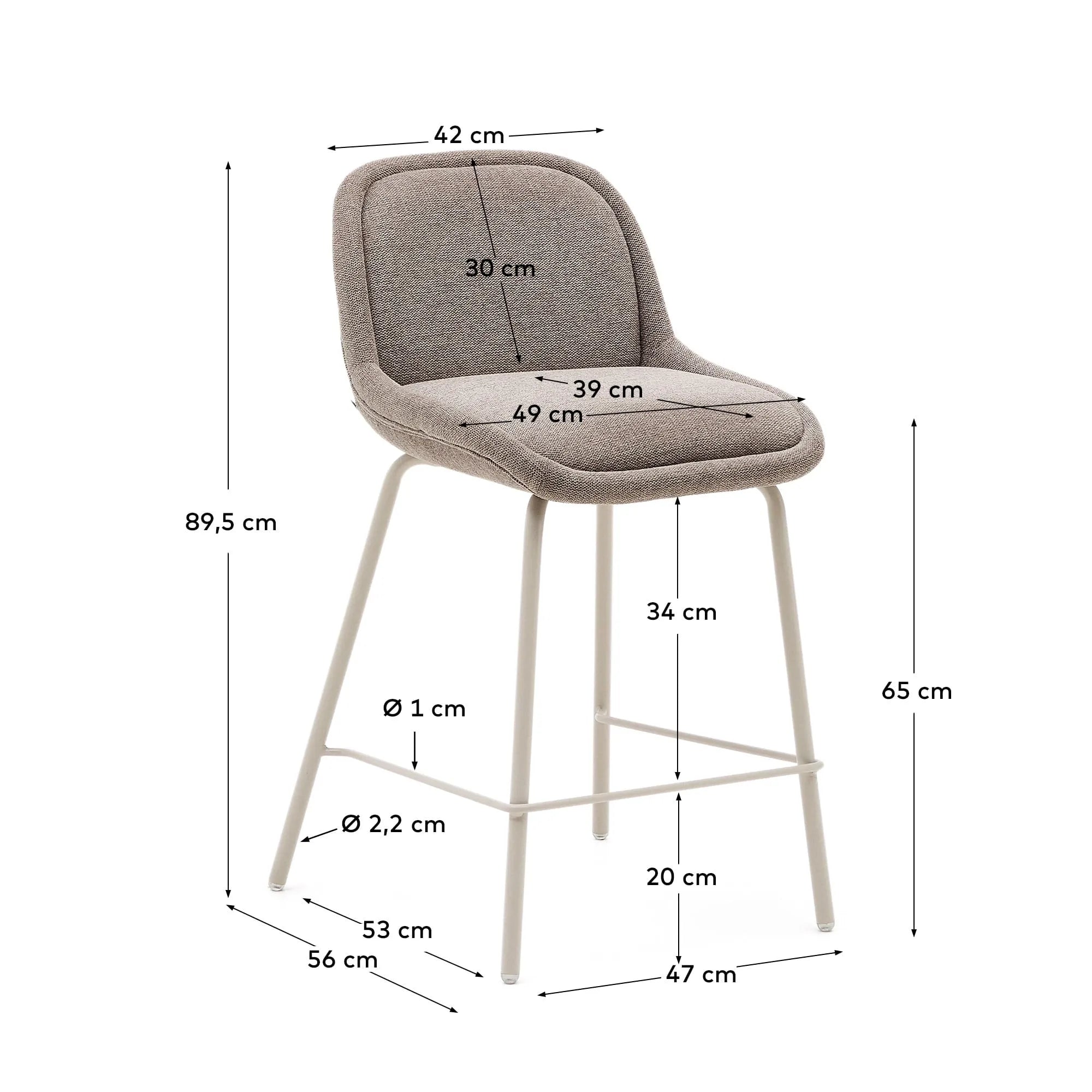 Eleganter Hocker aus hellbraunem Chenille mit stabilen, beige lackierten Stahlbeinen, ideal für moderne Wohnräume.