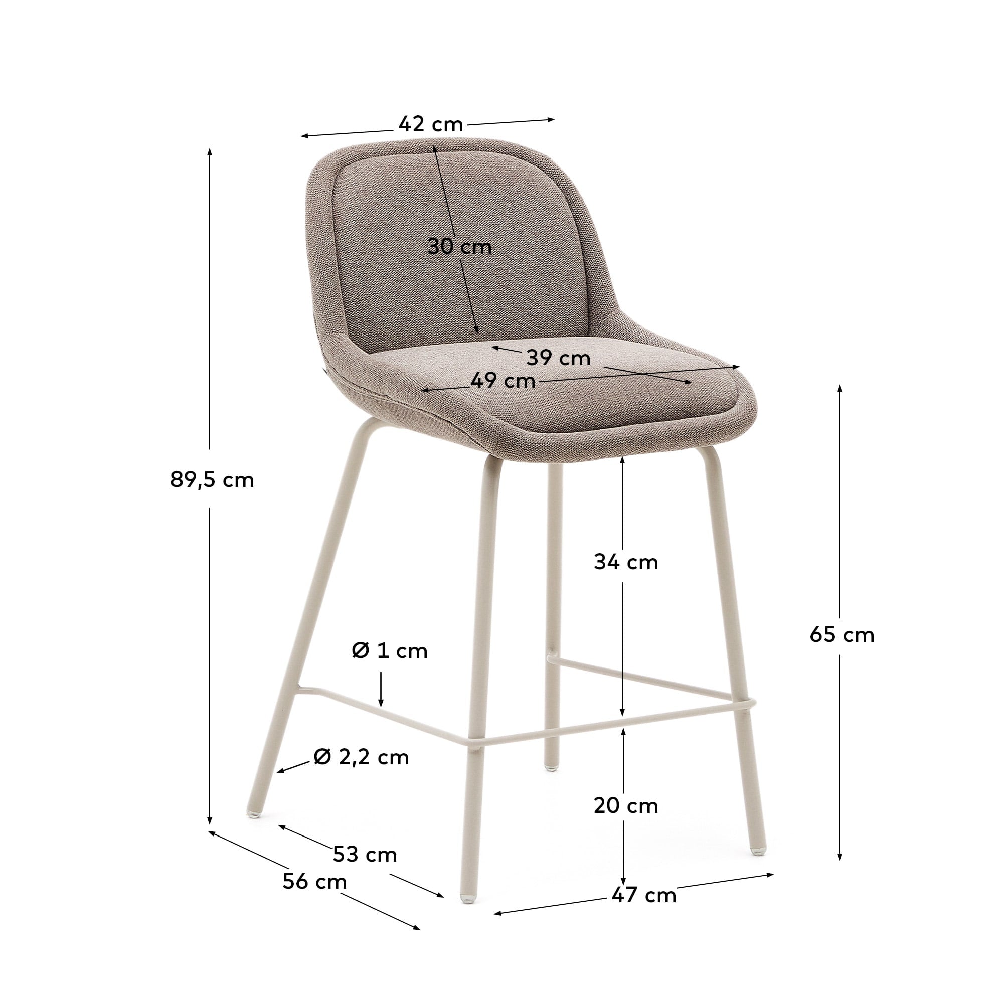 Eleganter Hocker Aimin: Hellbraune Chenille, beige lackierte Stahlbeine, 65 cm hoch, FSC-zertifiziert, modern und umweltfreundlich.