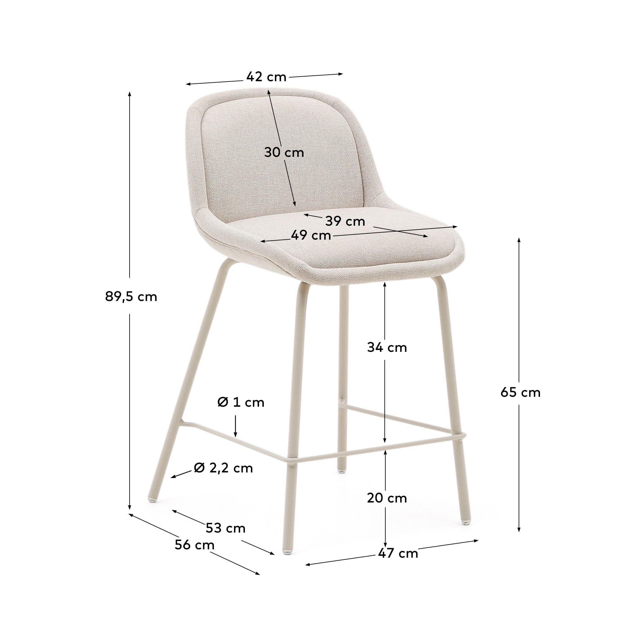 Moderner Hocker aus beigem Chenille mit robusten Stahlbeinen, perfekt für Kücheninseln und als stilvolles Wohnaccessoire.