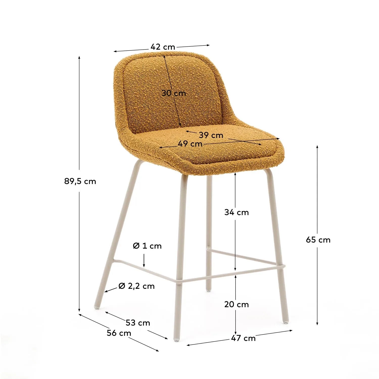 Eleganter Hocker in Senfgelb mit Bouclé-Bezug und stabilen Stahlbeinen, ideal für stilvolle und nachhaltige Einrichtung.