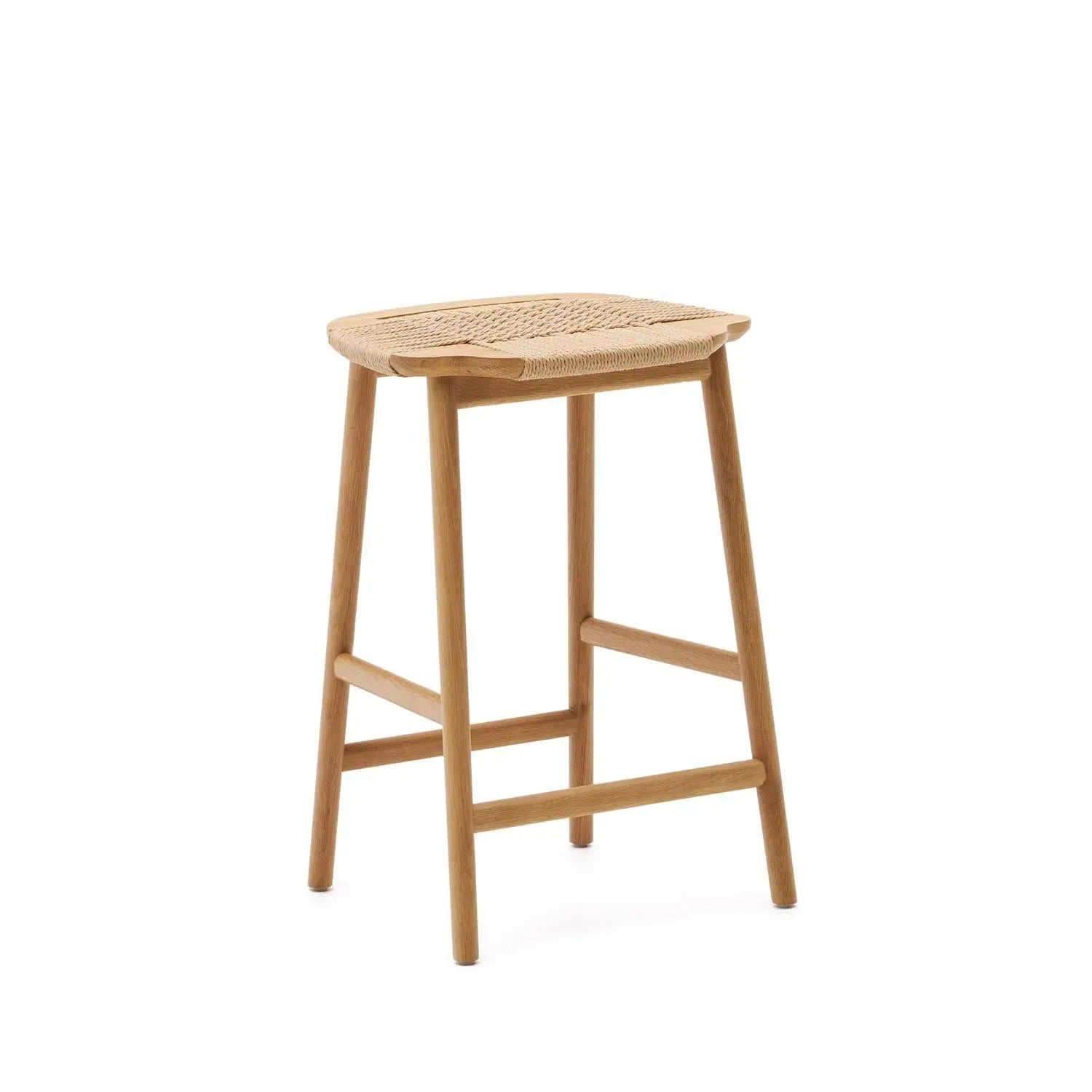 Eleganter Enit Hocker: Beige Papierseil, massives Eichenholz, 65cm hoch. Ideal für Kücheninseln, robust und stilvoll.