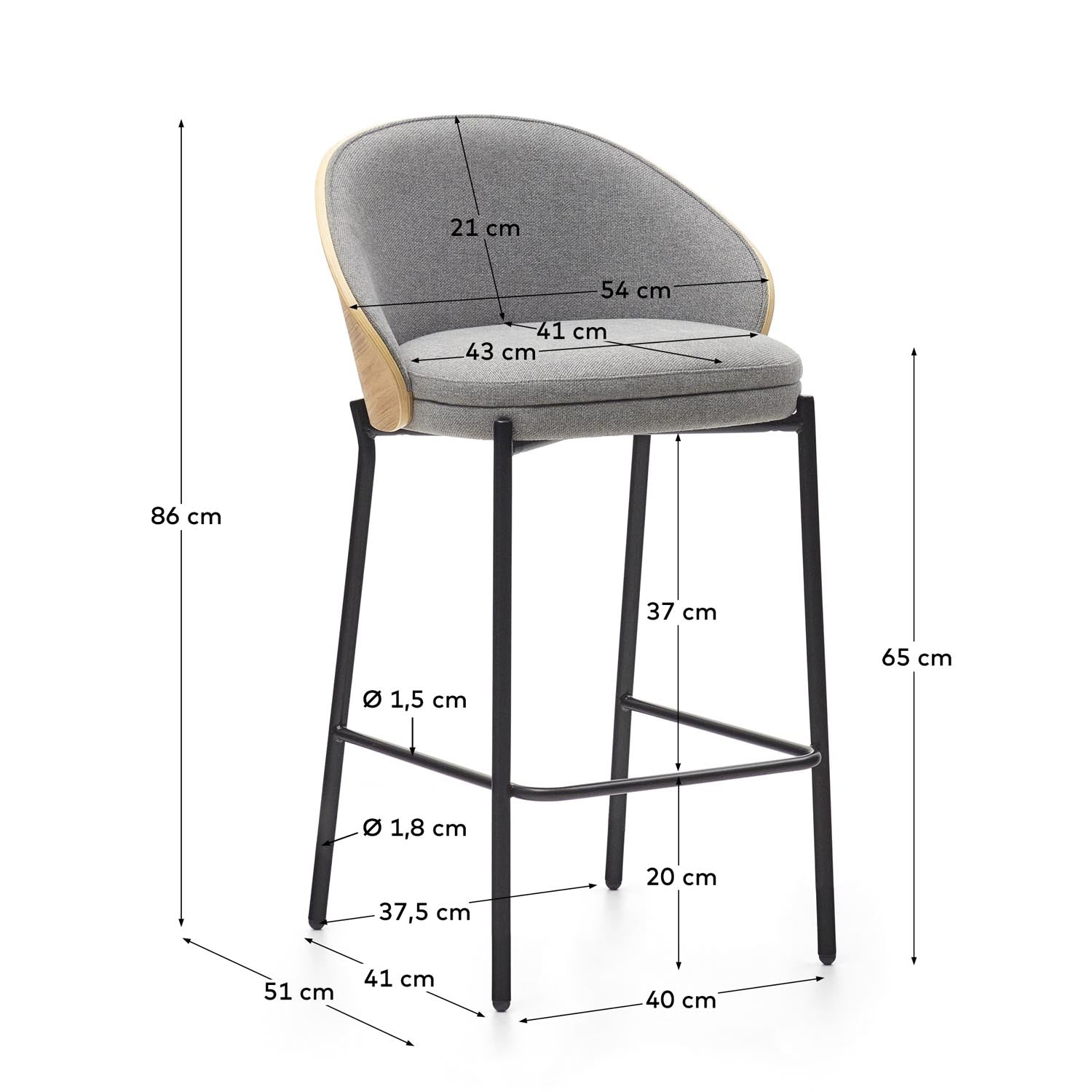 Stilvoller Eamy Hocker: Hellgraue Chenille, Esche & schwarzes Metall.