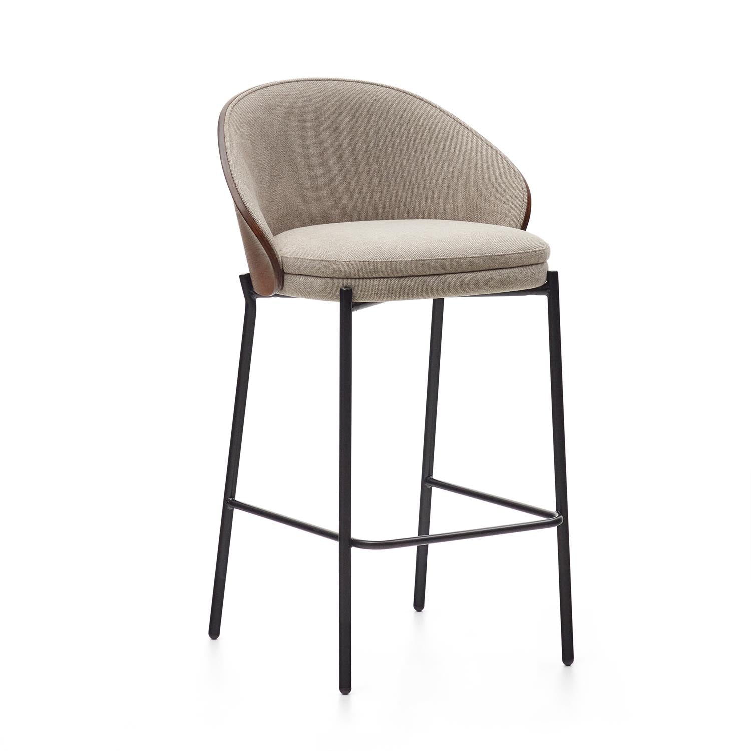 Eamy Hocker: Braune Chenille, Eschenfurnier mit Wenge-Finish, schwarzes Metall, 65 cm hoch. Stilvoll, stabil, komfortabel.