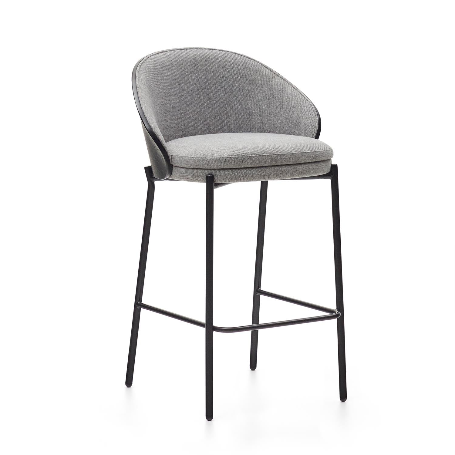 Eamy Hocker: Eleganter Hocker in hellgrauer Chenille, Eschenfurnier mit schwarzem Finish, Metallbeine in Schwarz.