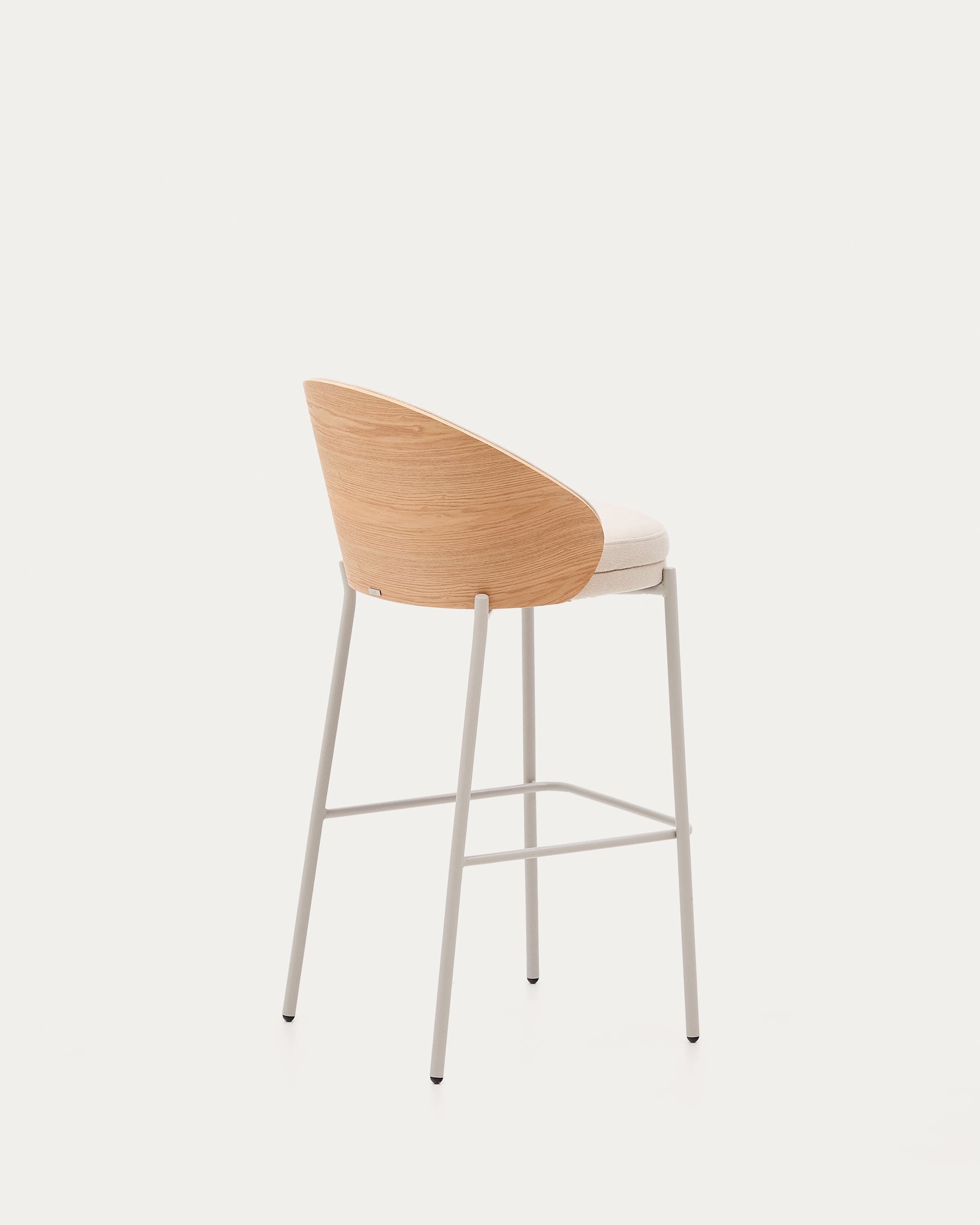 Eleganter Hocker Eamy, 77 cm hoch, aus beigem Chenille, Eschenfurnier und Metall, perfekt für modernes und stilvolles Wohnen.