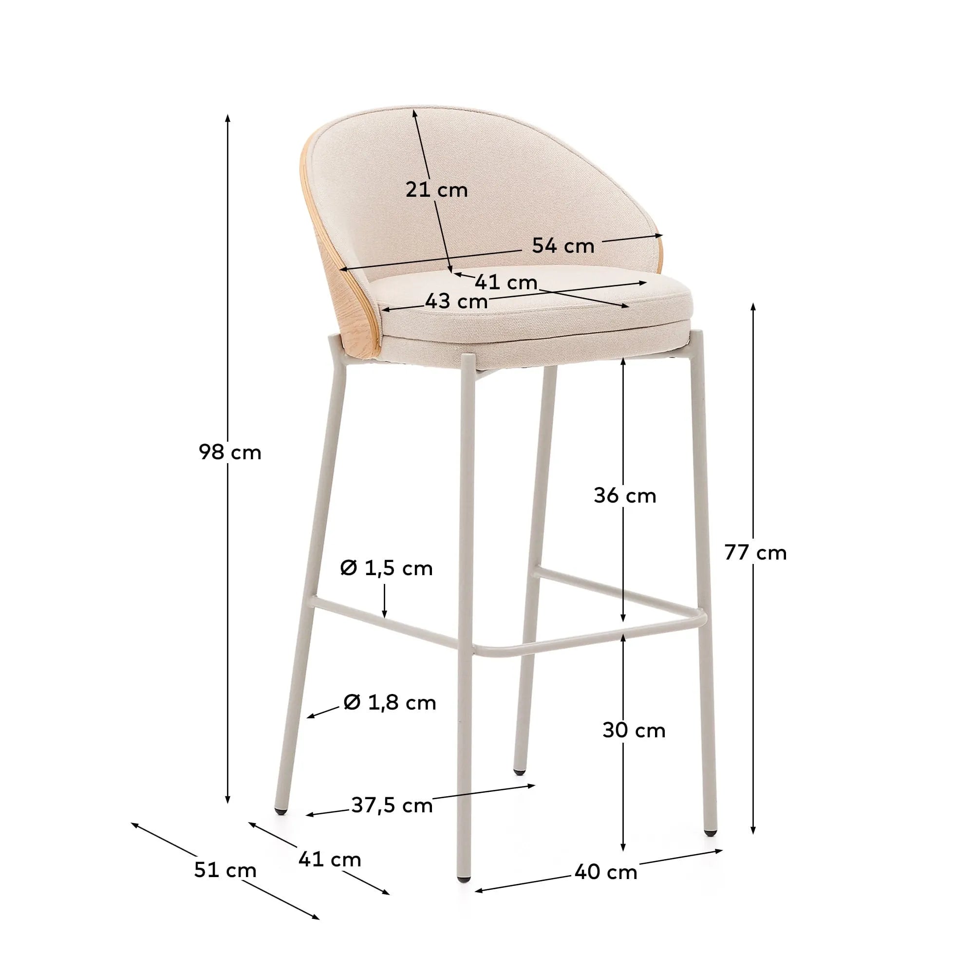 Eleganter Hocker Eamy, 77 cm hoch, mit beigem Chenille, Eschenfurnier in Naturton und Metall, perfekt für moderne Wohnräume.