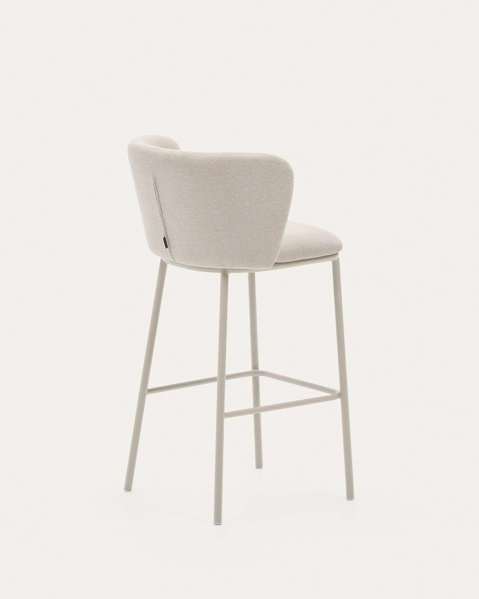 Eleganter Hocker aus beigefarbenem Chenille und Stahl, 75 cm hoch, FSC-zertifiziert, ideal für stilvolle und nachhaltige Räume.